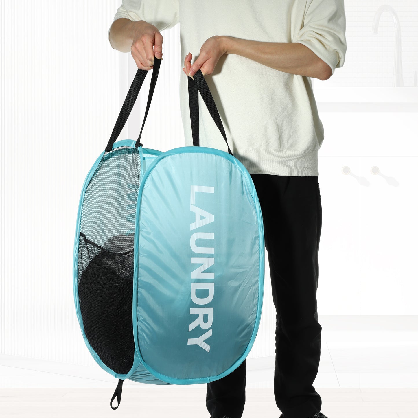 Folding Laundry Basket Durable Folding Laundry Hamper for Bathroom 75L Blue