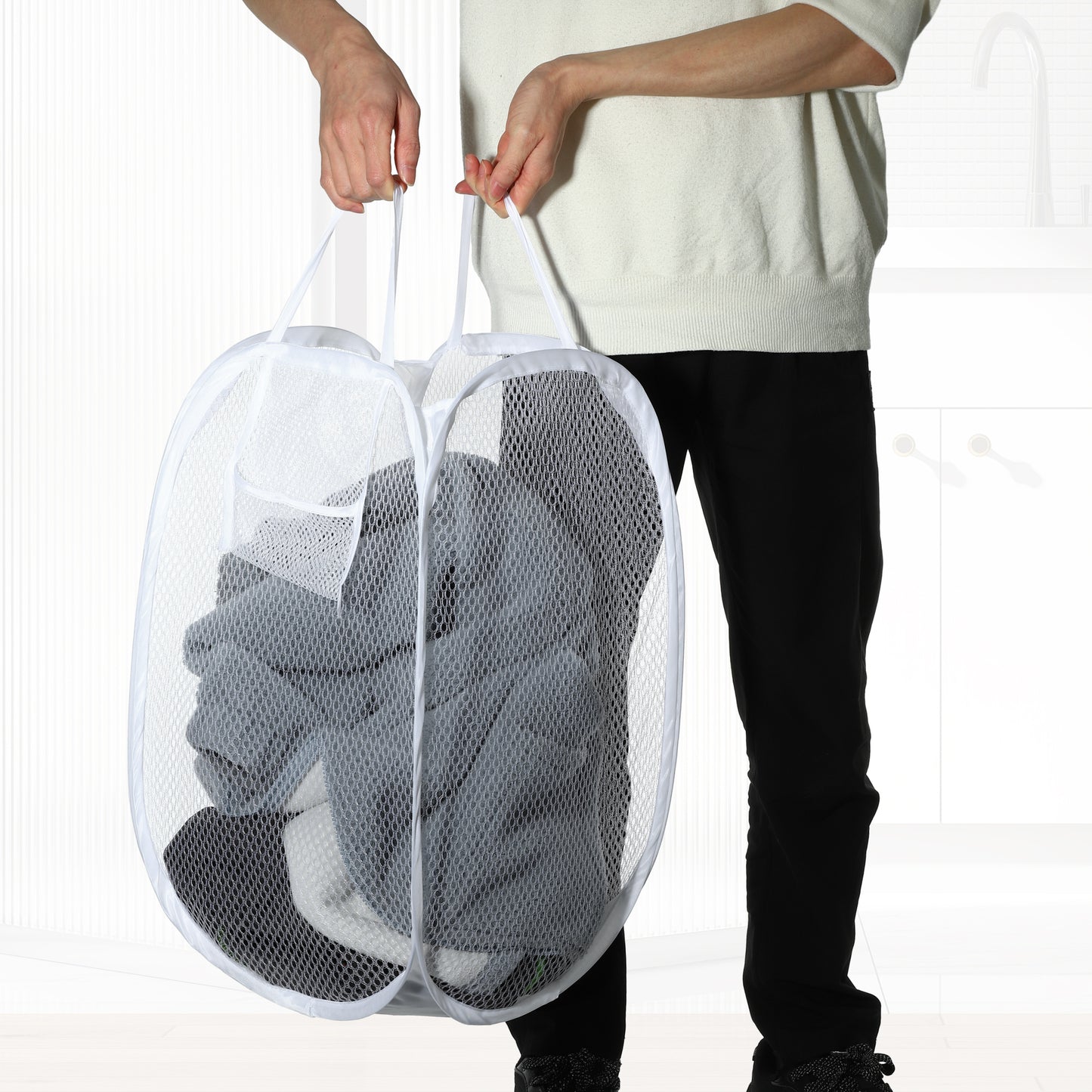 Folding Laundry Basket Durable Laundry Hamper for Bathroom 50L White