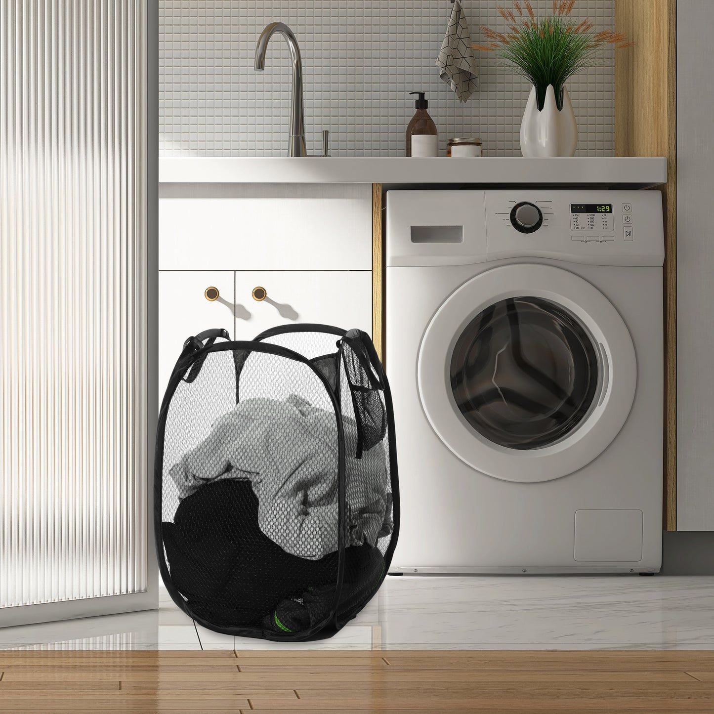 Folding Laundry Basket Durable Laundry Hamper for Bathroom 50L Black