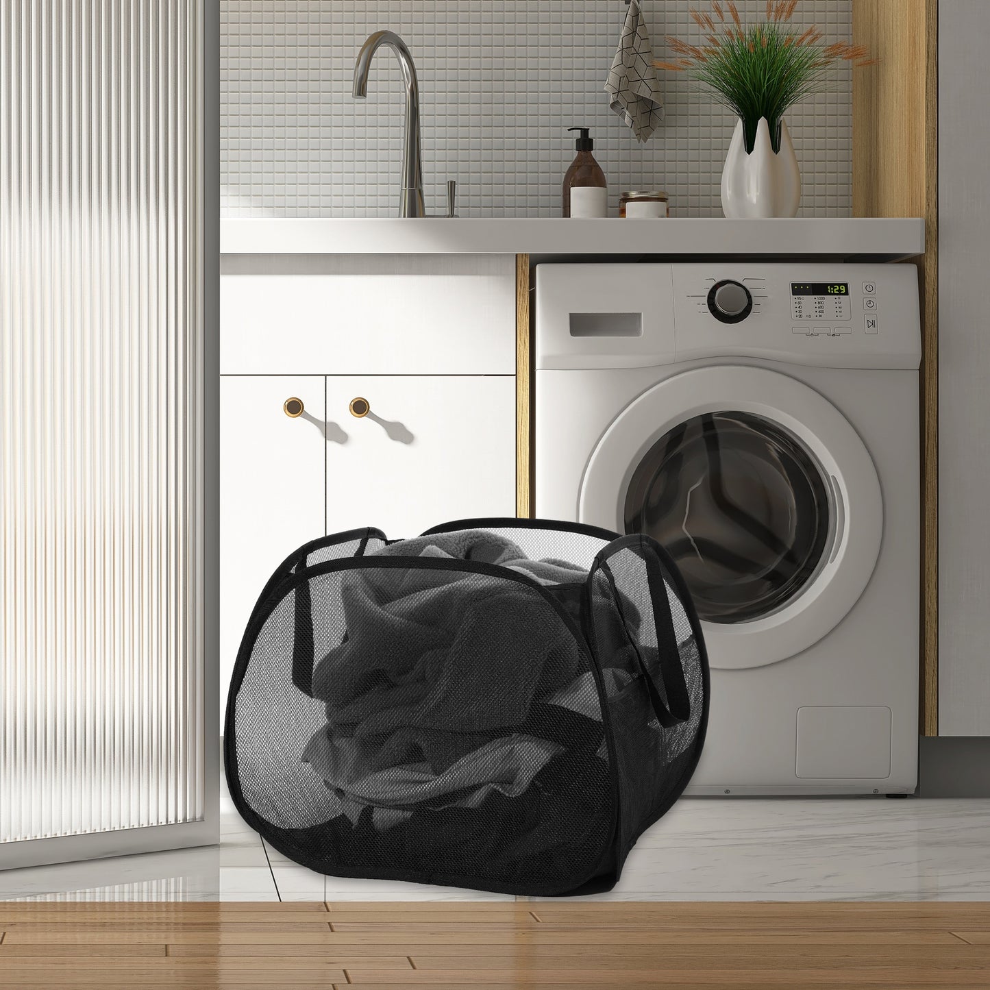 Folding Laundry Basket Portable Hamper Basket for Bathroom 90L Black