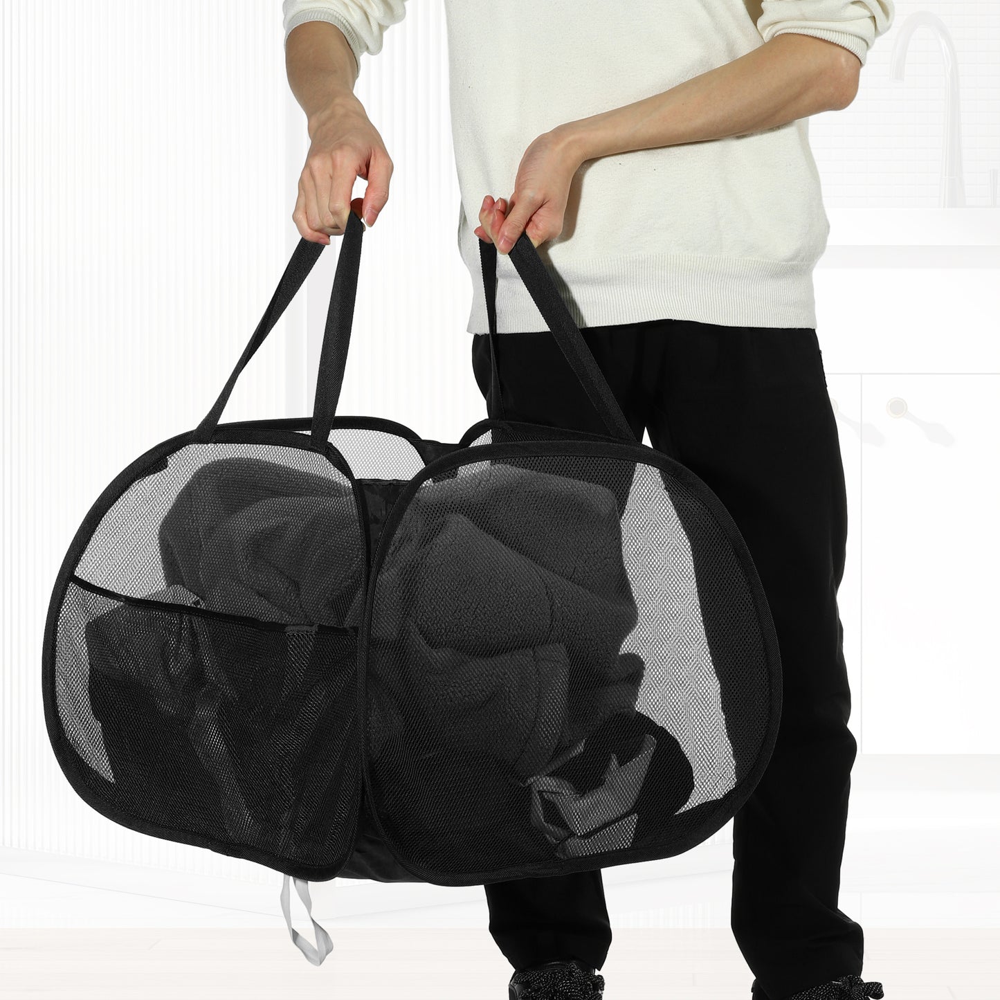 Folding Laundry Basket Portable Hamper Basket for Bathroom 90L Black