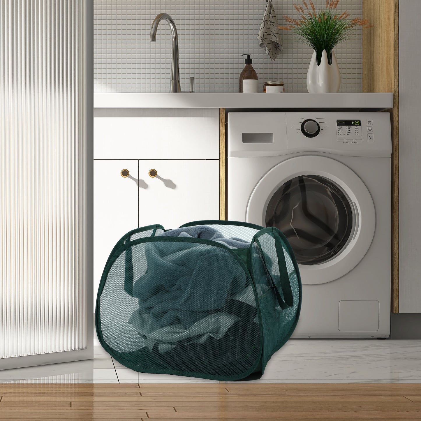 Folding Laundry Basket Portable Hamper Basket for Bathroom 90L Green