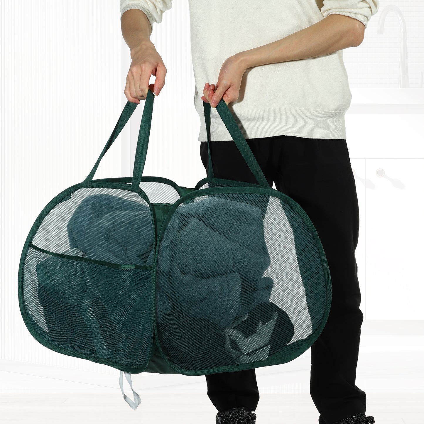Folding Laundry Basket Portable Hamper Basket for Bathroom 90L Green