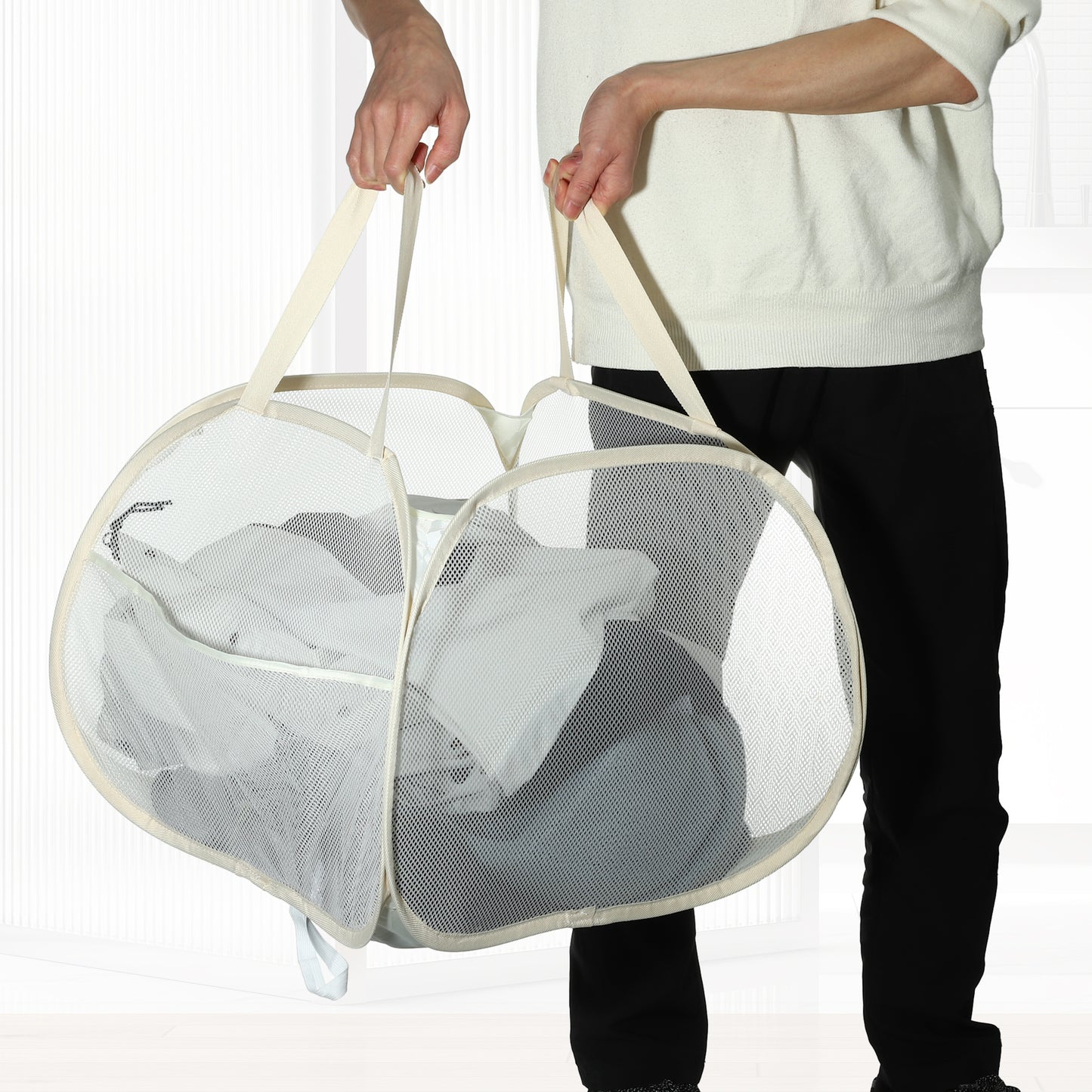 Folding Laundry Basket Portable Hamper Basket for Bathroom 90L Beige
