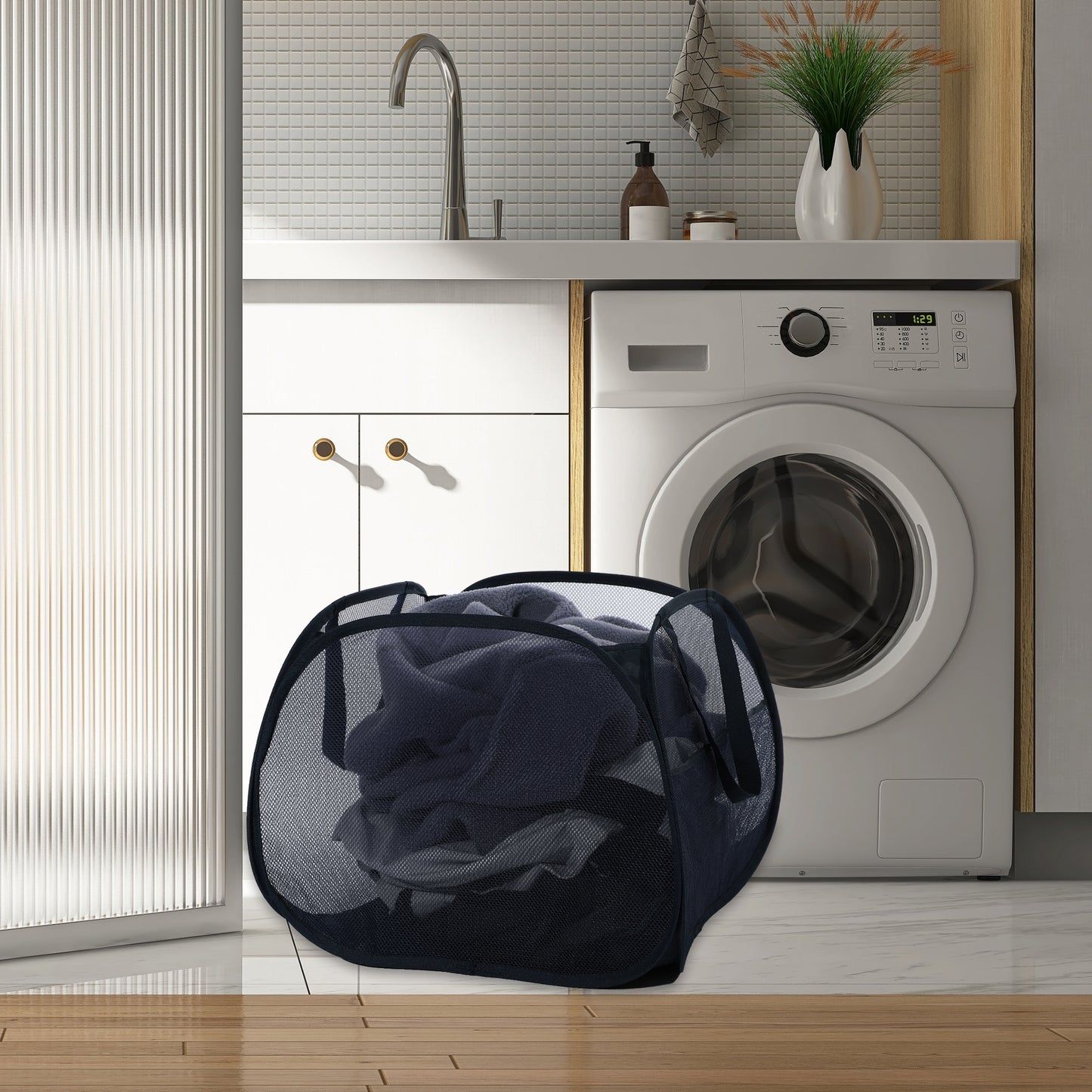 Folding Laundry Basket Portable Hamper Basket for Bathroom 90L Navy Blue