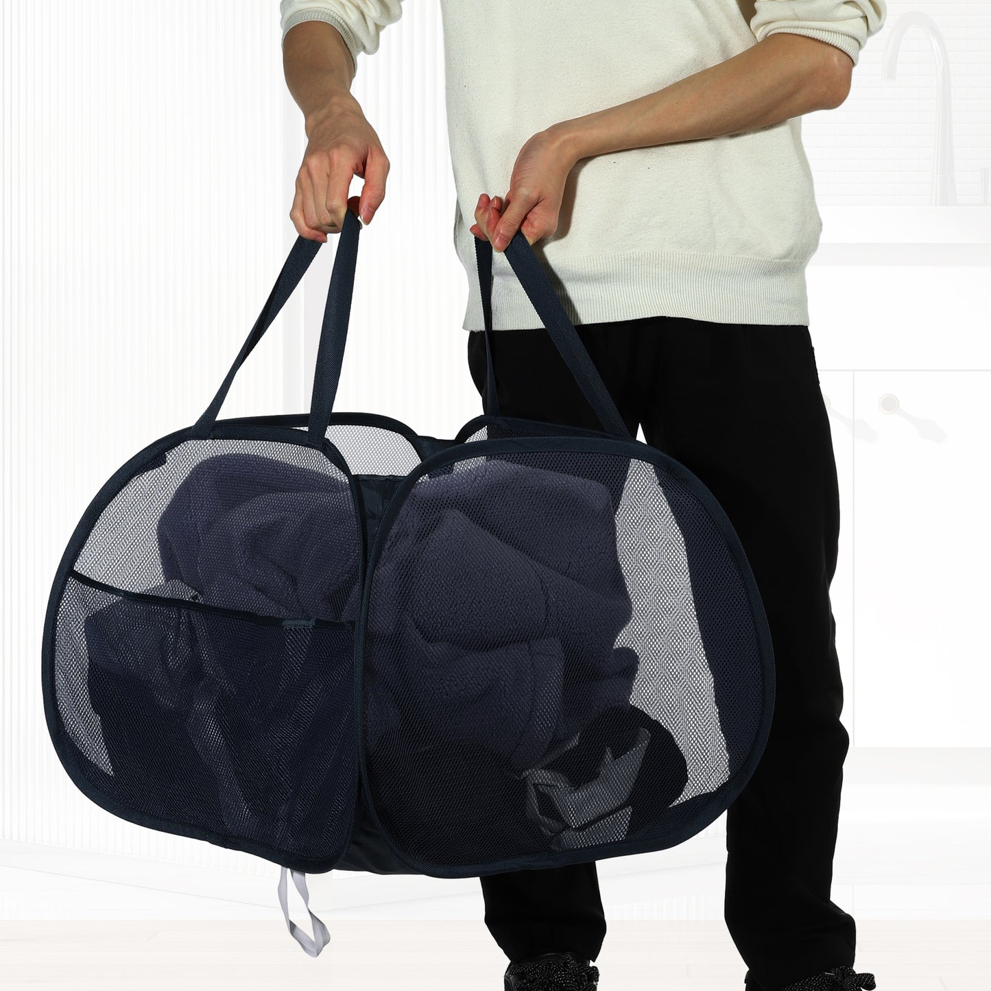 Folding Laundry Basket Portable Hamper Basket for Bathroom 90L Navy Blue