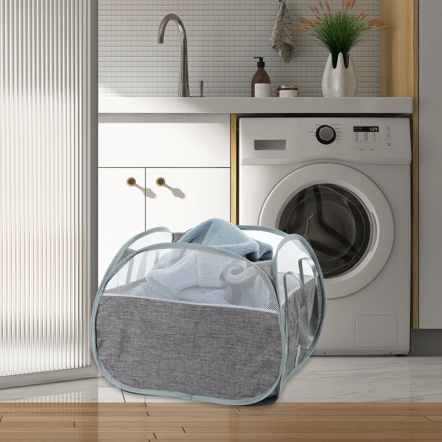 Folding Laundry Basket Breathable Hamper Basket for Bathroom 90L Gray