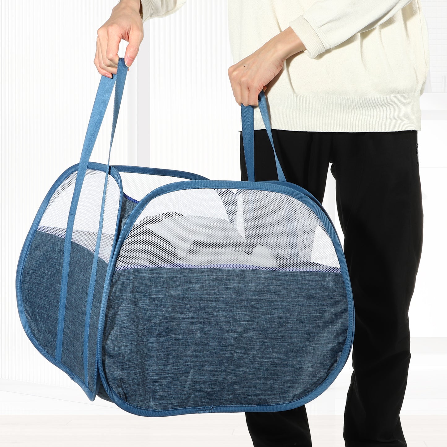 Folding Laundry Basket Breathable Hamper Basket for Bathroom 90L Blue