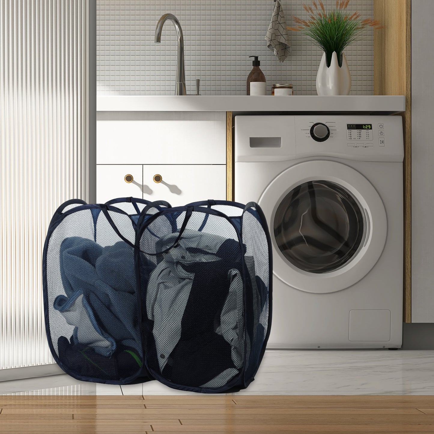 Folding Laundry Basket Portable Hamper Basket for Bathroom 140L Blue