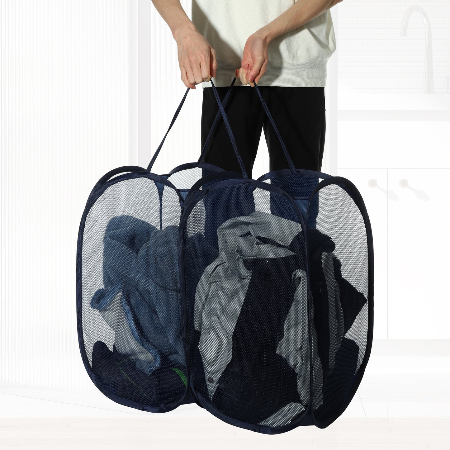 Folding Laundry Basket Portable Hamper Basket for Bathroom 140L Blue