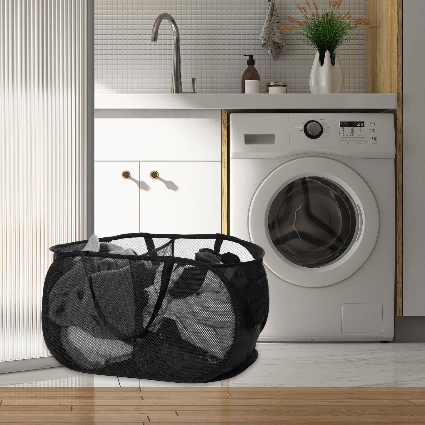 Folding Laundry Basket 2 Compartments Hamper Basket for Bathroom 75L Black