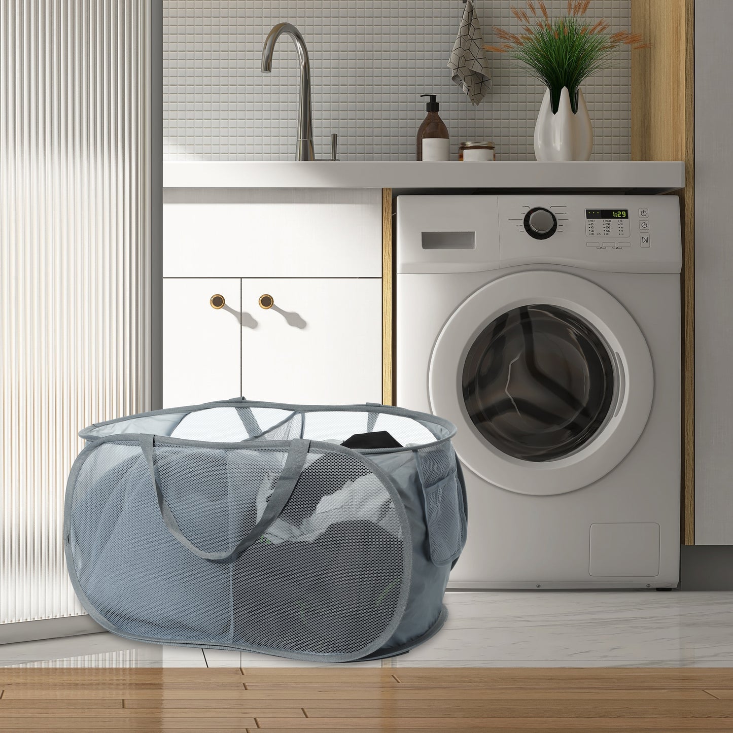 Folding Laundry Basket 2 Compartments Hamper Basket for Bathroom 75L Gray