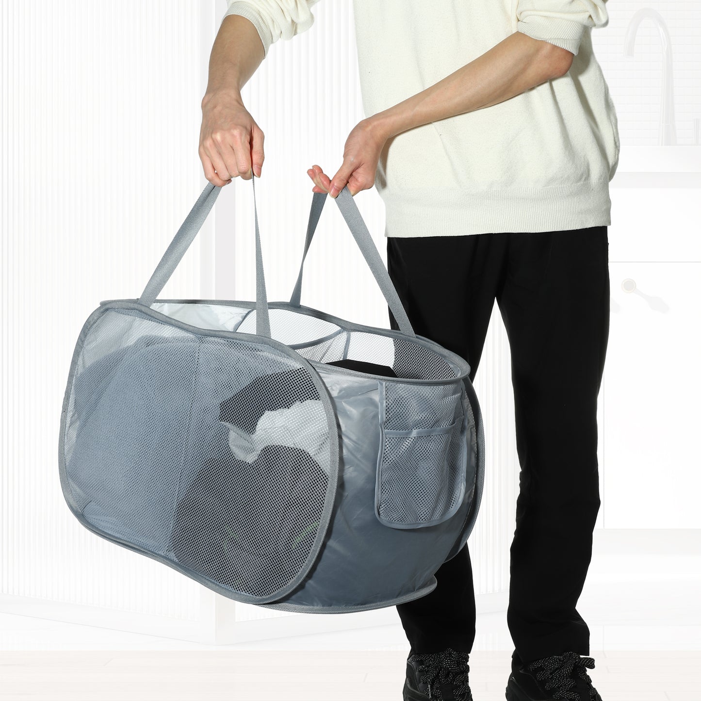 Folding Laundry Basket 2 Compartments Hamper Basket for Bathroom 75L Gray