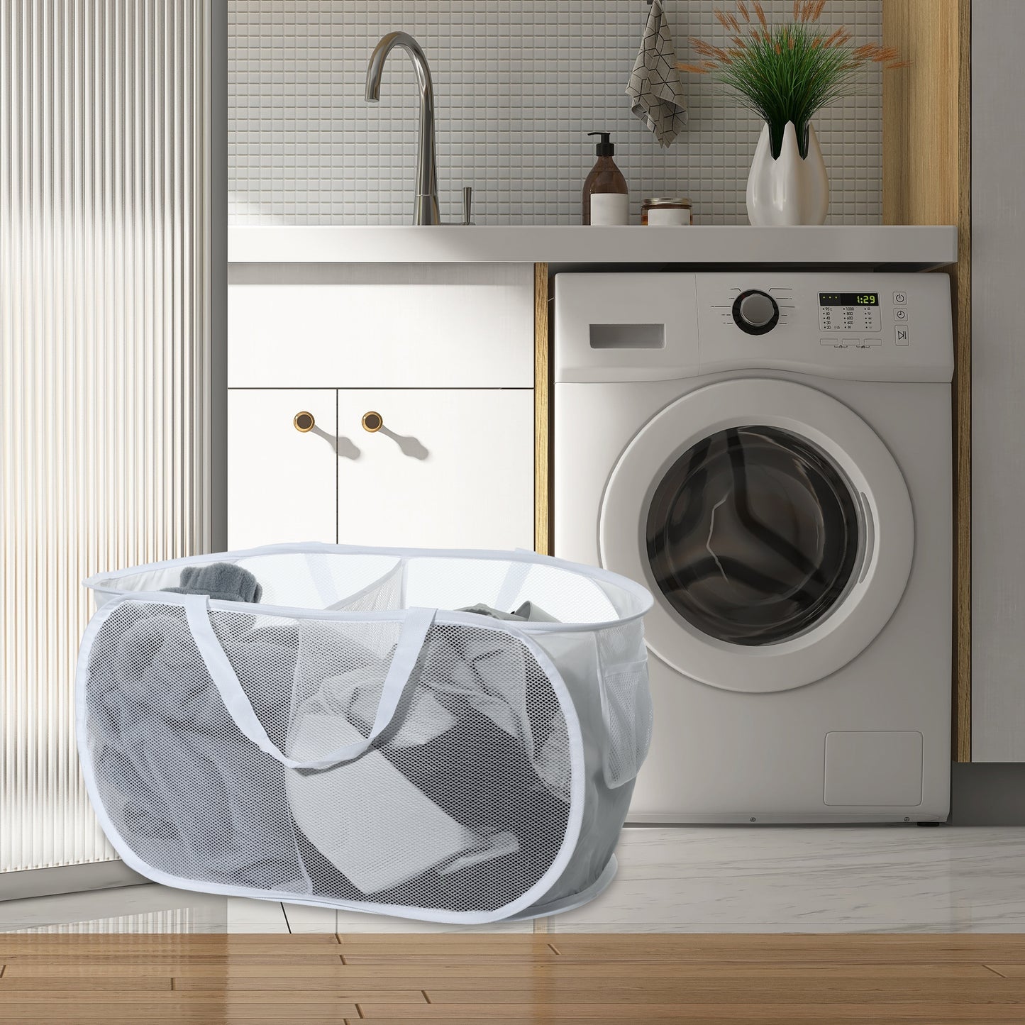 Folding Laundry Basket 2 Compartments Hamper Basket for Bathroom 75L White