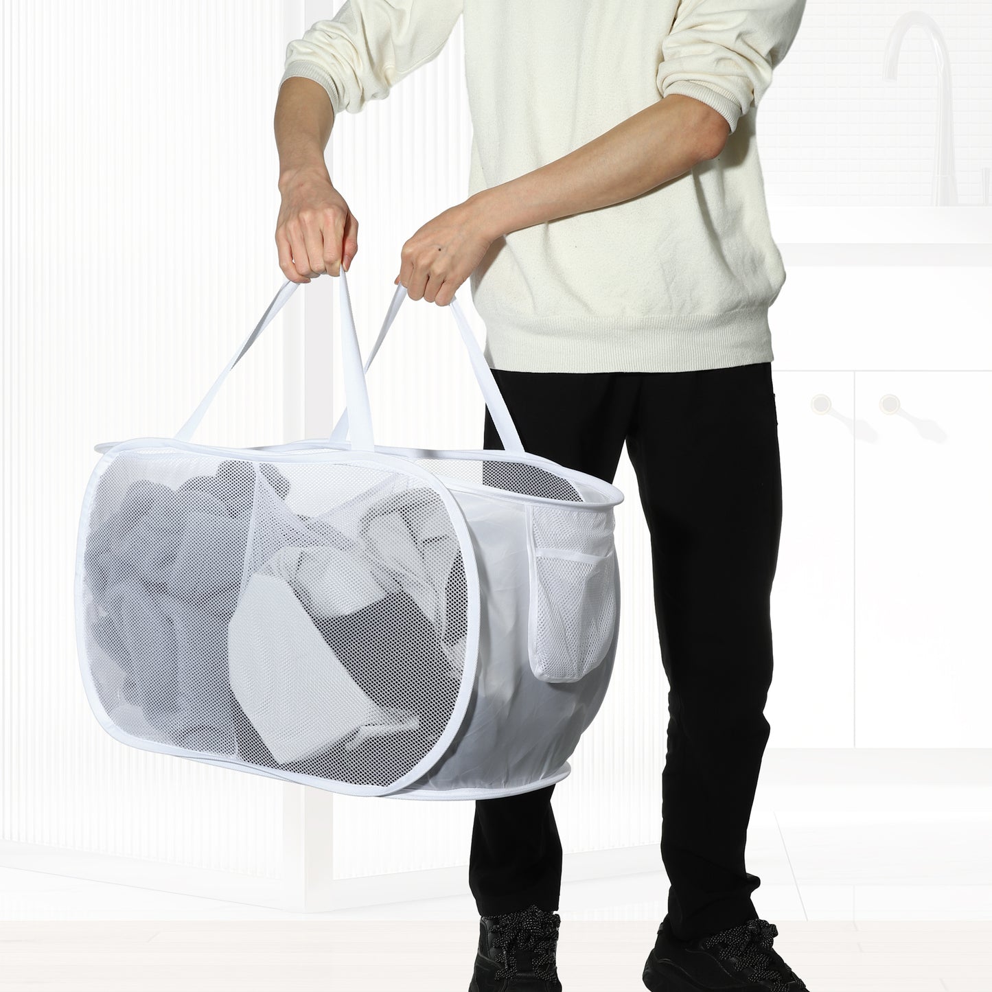 Folding Laundry Basket 2 Compartments Hamper Basket for Bathroom 75L White