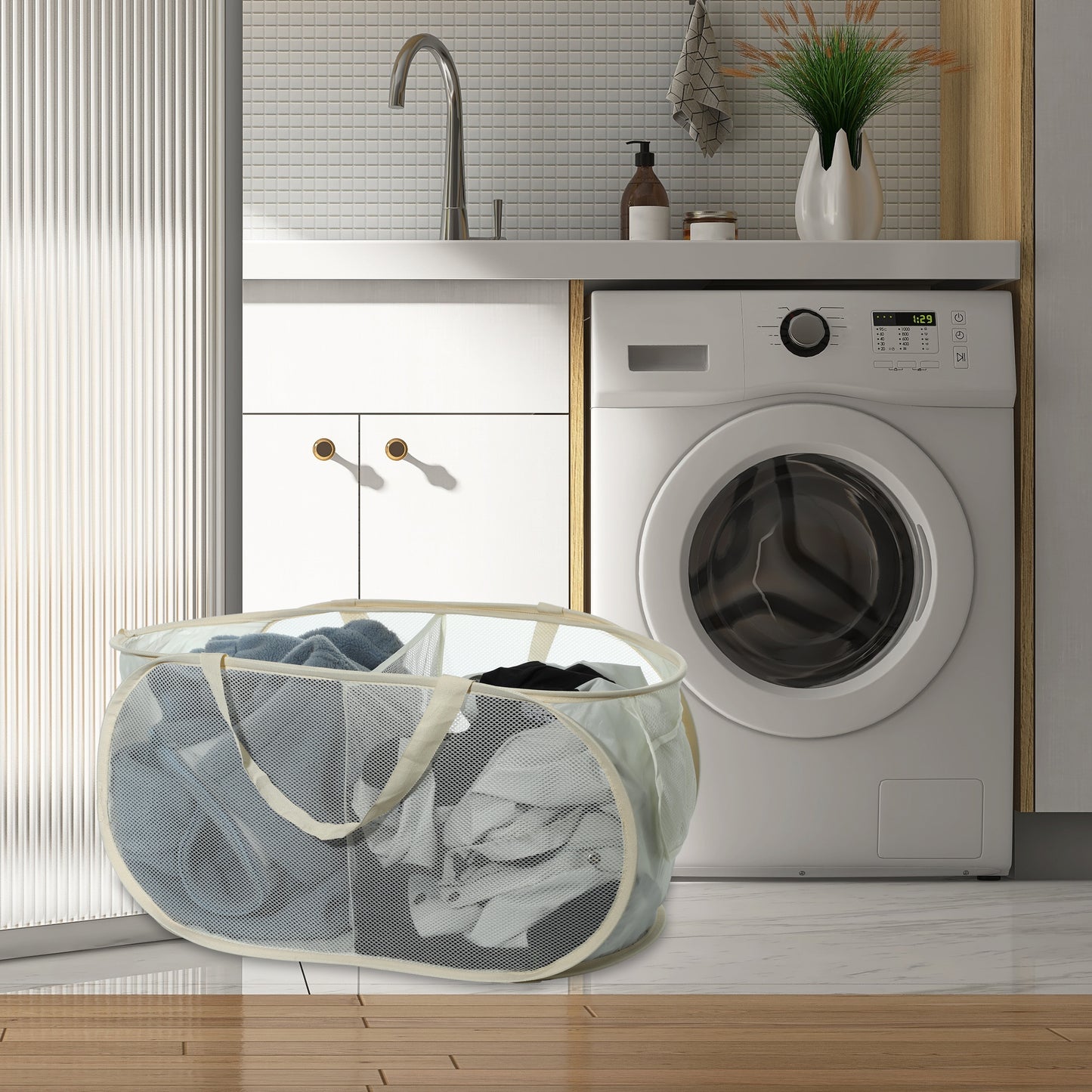Folding Laundry Basket 2 Compartments Hamper Basket for Bathroom 75L Beige
