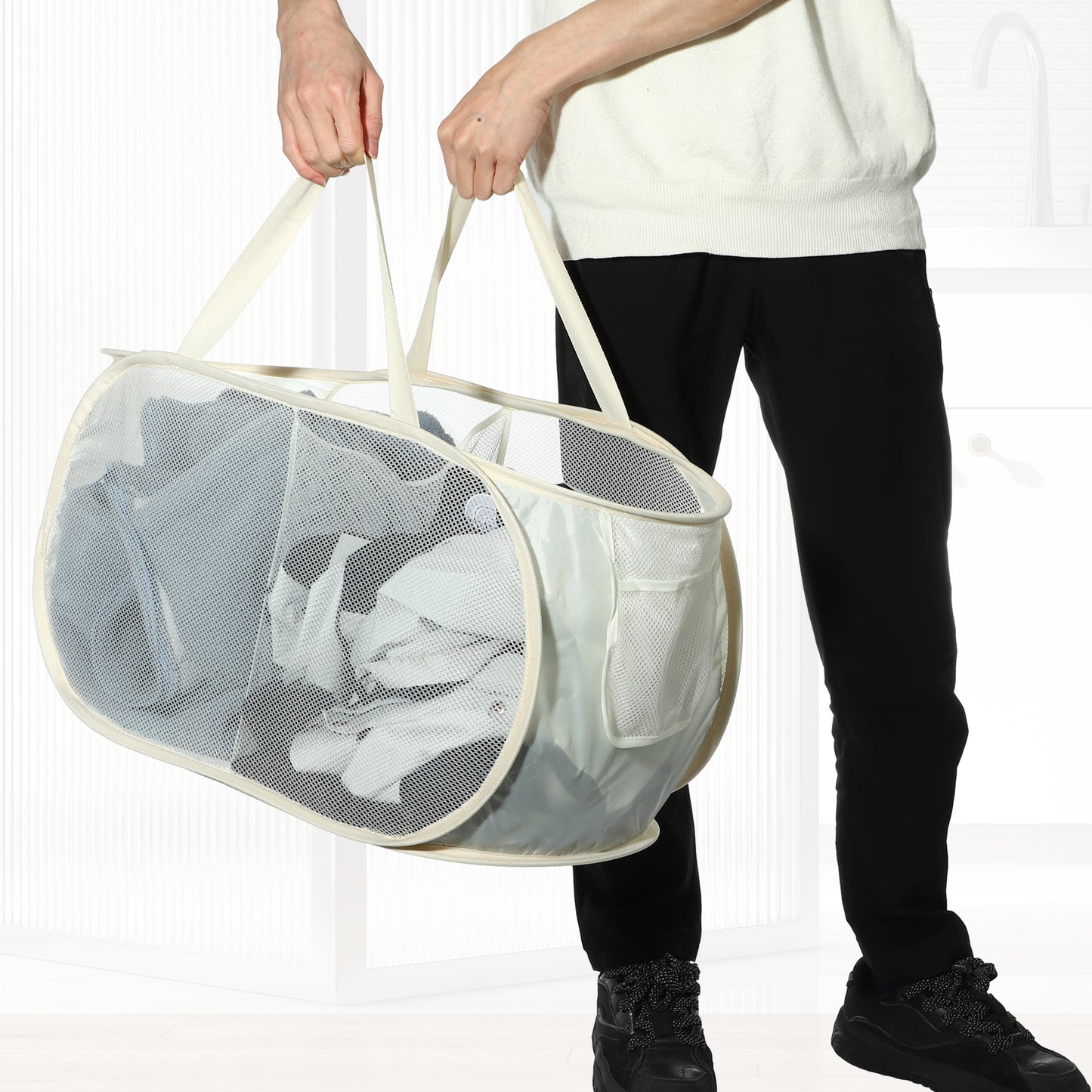 Folding Laundry Basket 2 Compartments Hamper Basket for Bathroom 75L Beige