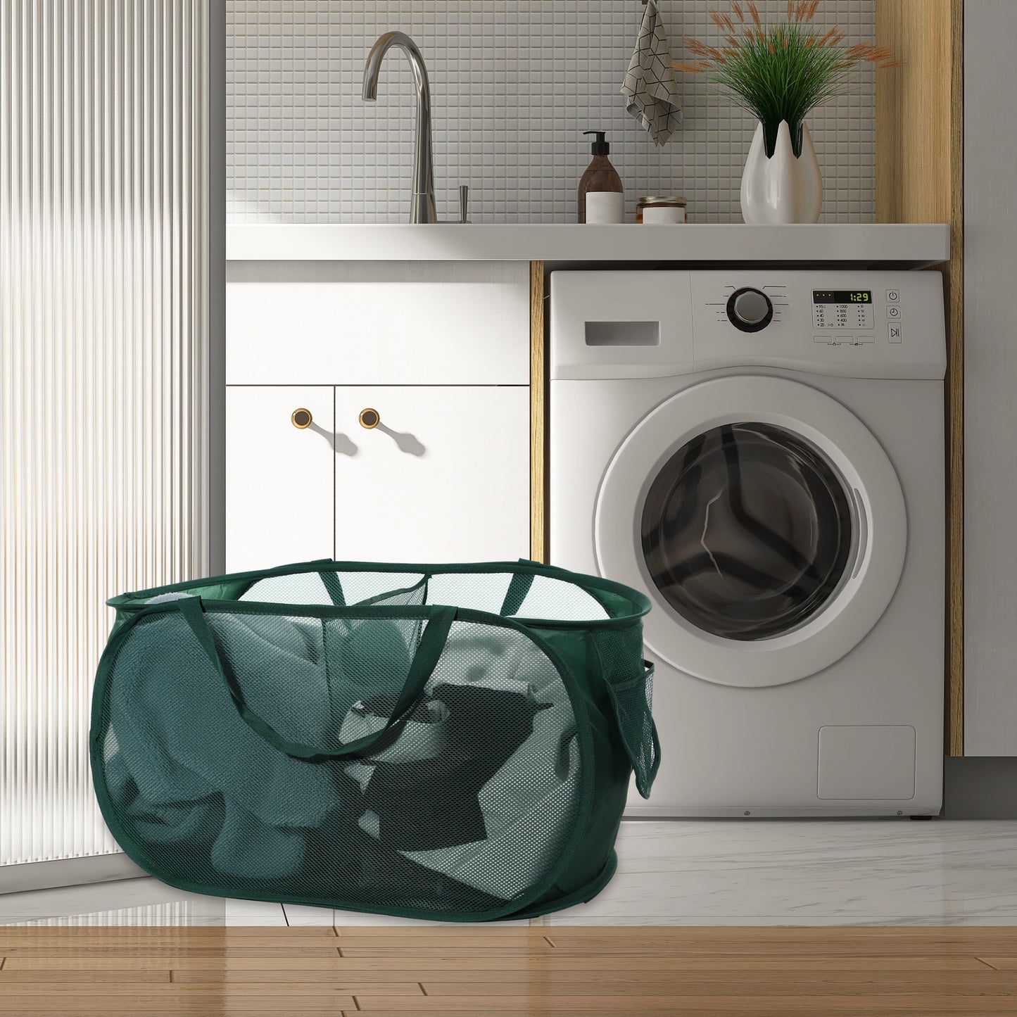 Folding Laundry Basket 2 Compartments Hamper Basket for Bathroom 75L Green