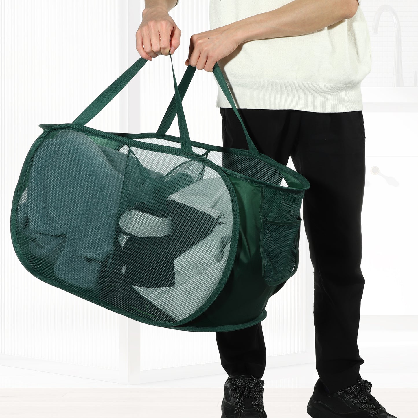 Folding Laundry Basket 2 Compartments Hamper Basket for Bathroom 75L Green