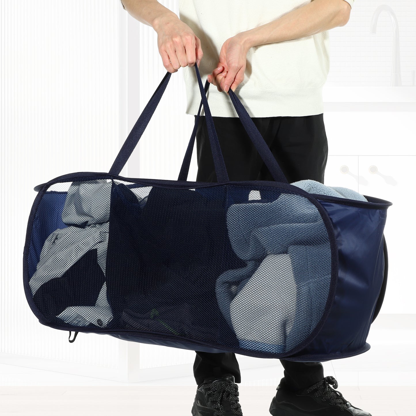 Folding Laundry Basket 3 Compartments Hamper Basket for Bathroom 100L Navy Blue