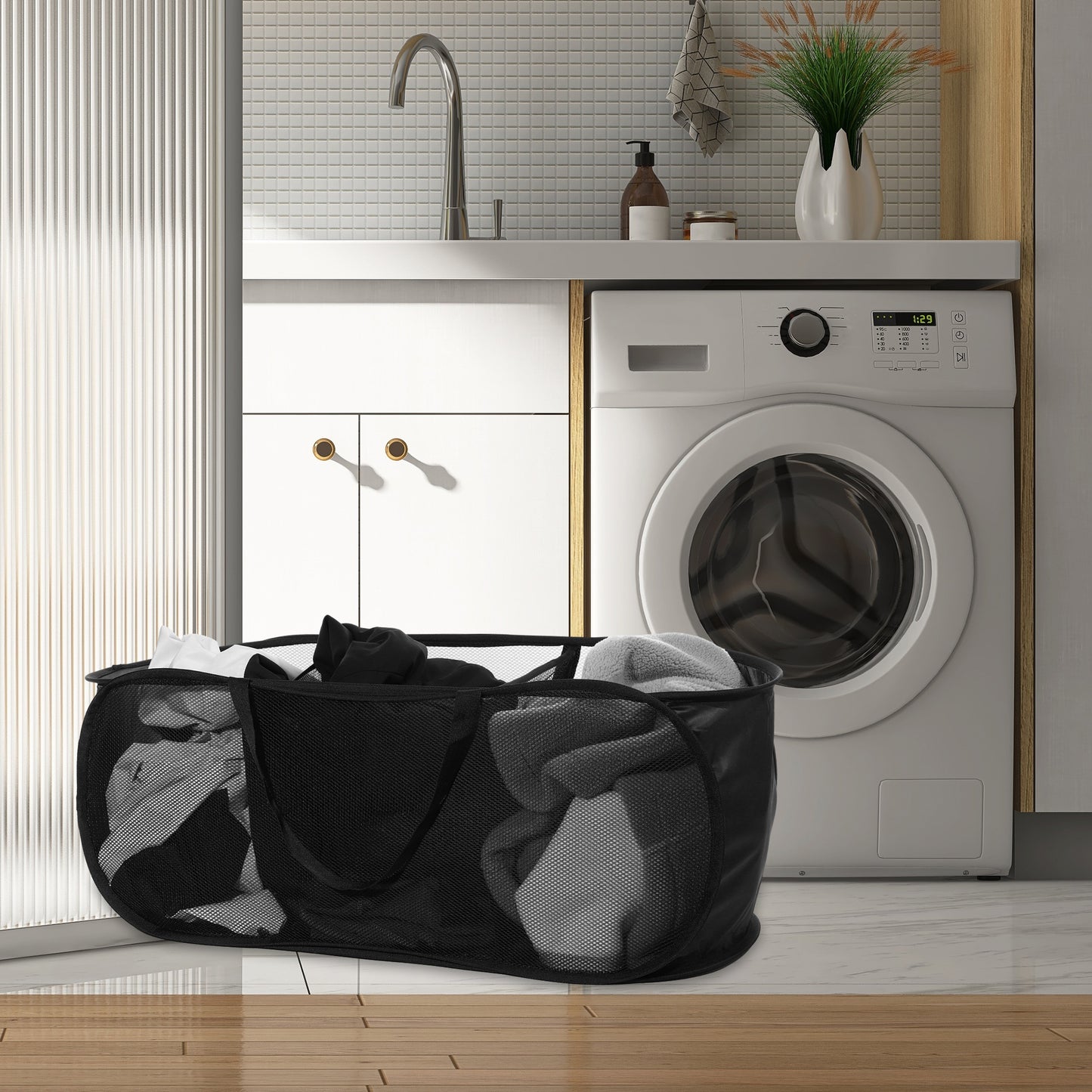Folding Laundry Basket 3 Compartments Hamper Basket for Bathroom 100L Black