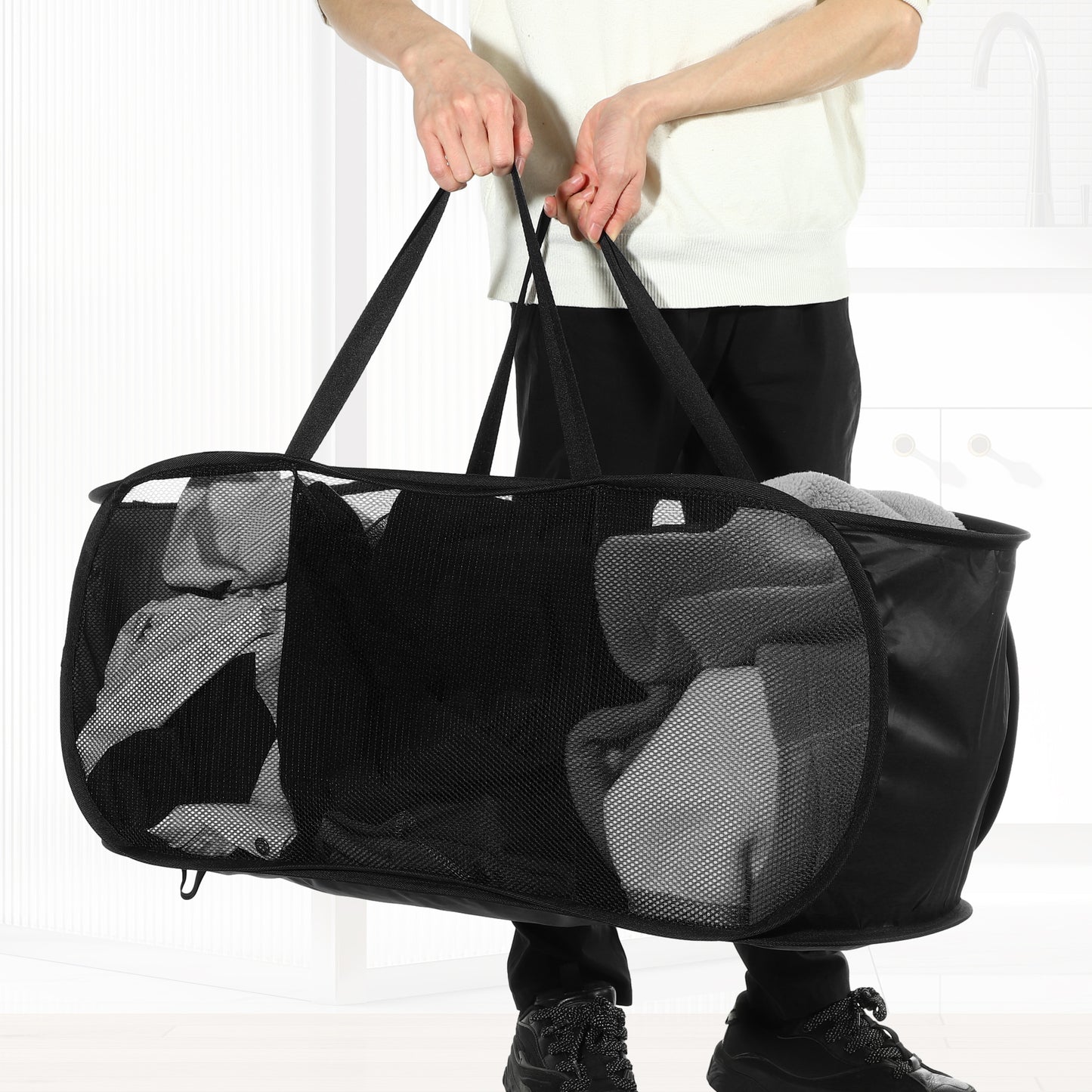Folding Laundry Basket 3 Compartments Hamper Basket for Bathroom 100L Black