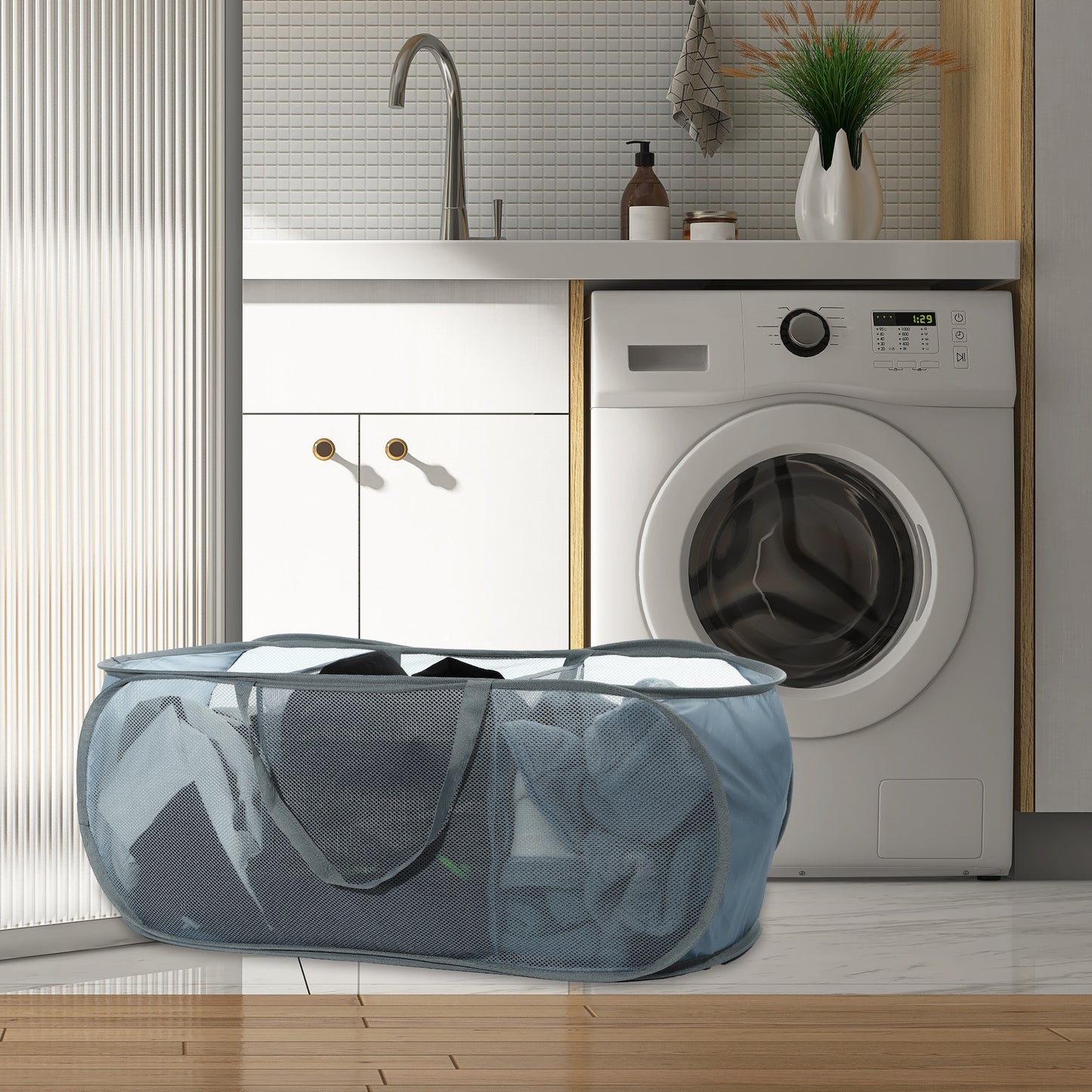 Folding Laundry Basket 3 Compartments Hamper Basket for Bathroom 100L Gray
