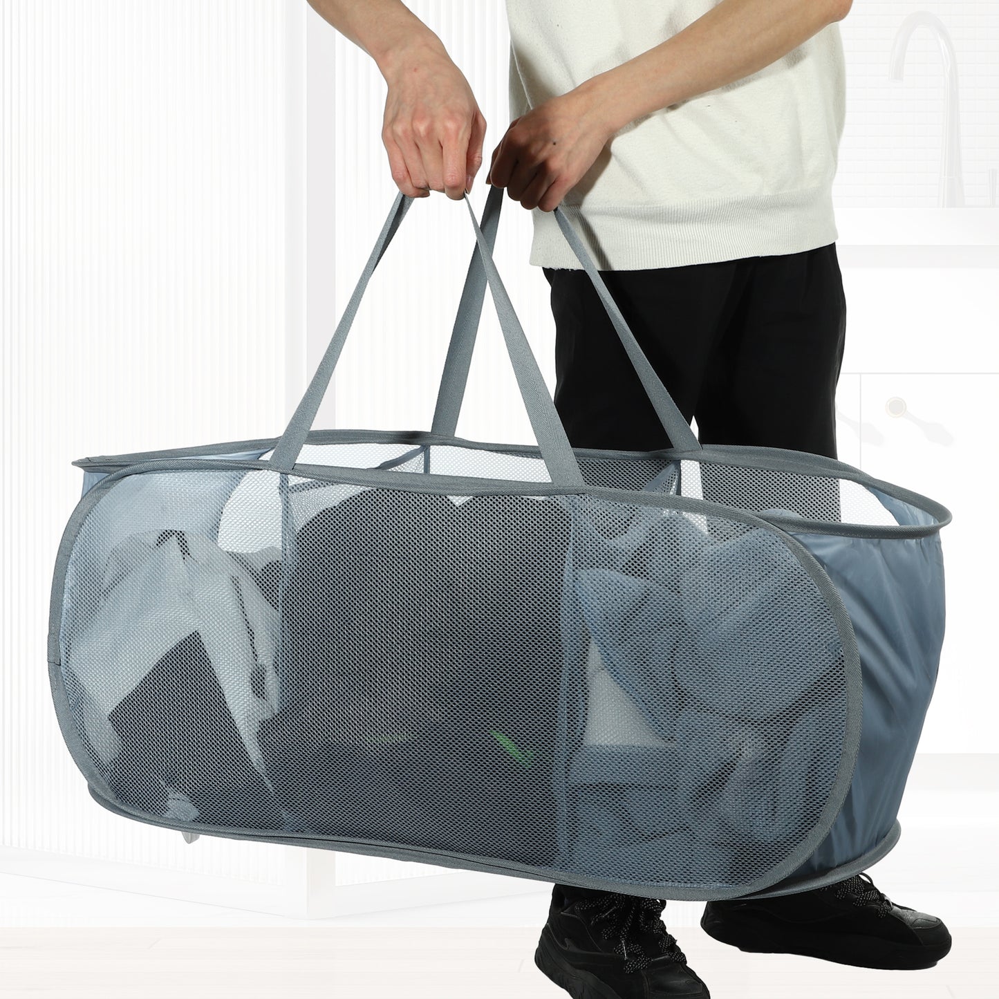 Folding Laundry Basket 3 Compartments Hamper Basket for Bathroom 100L Gray