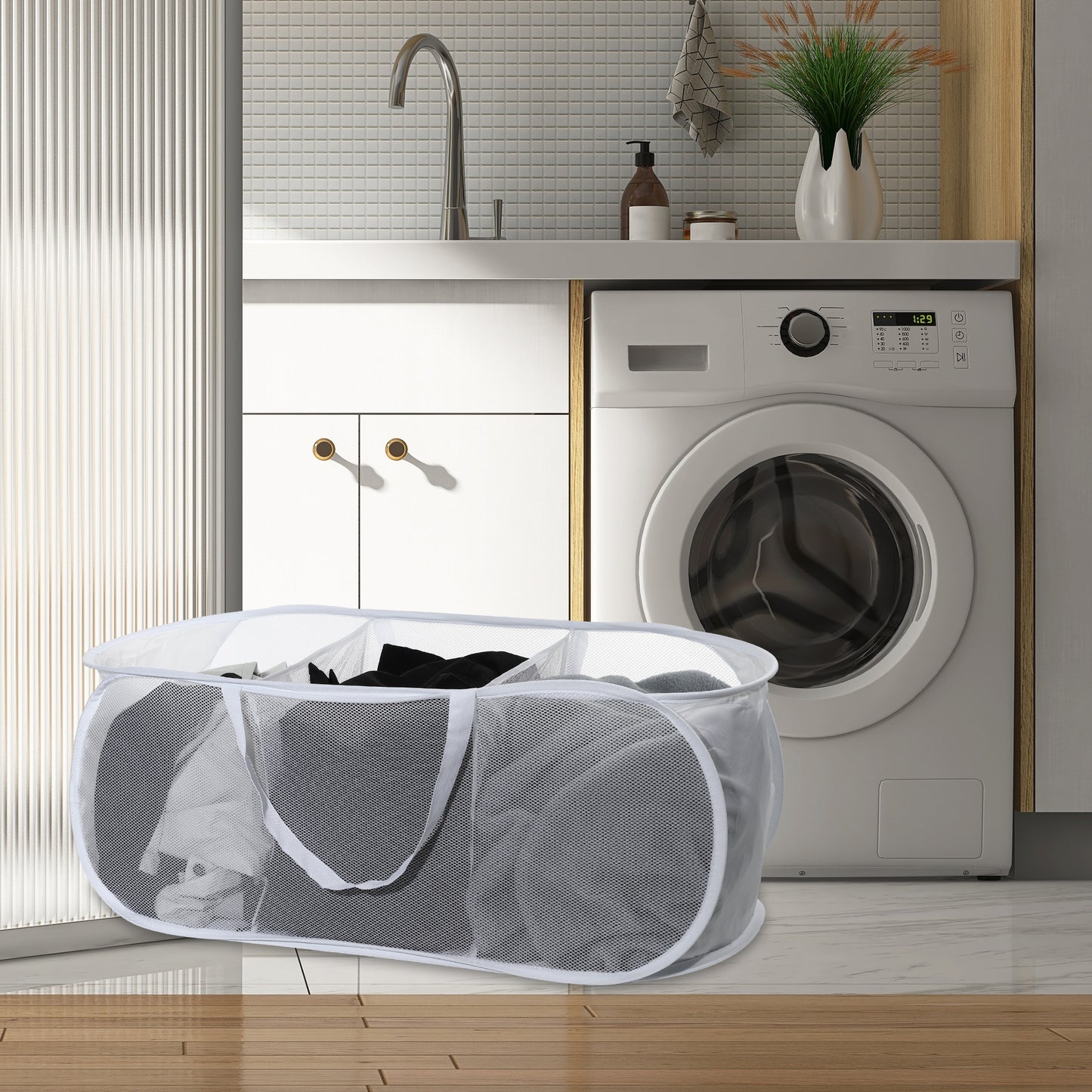 Folding Laundry Basket 3 Compartments Hamper Basket for Bathroom 100L White