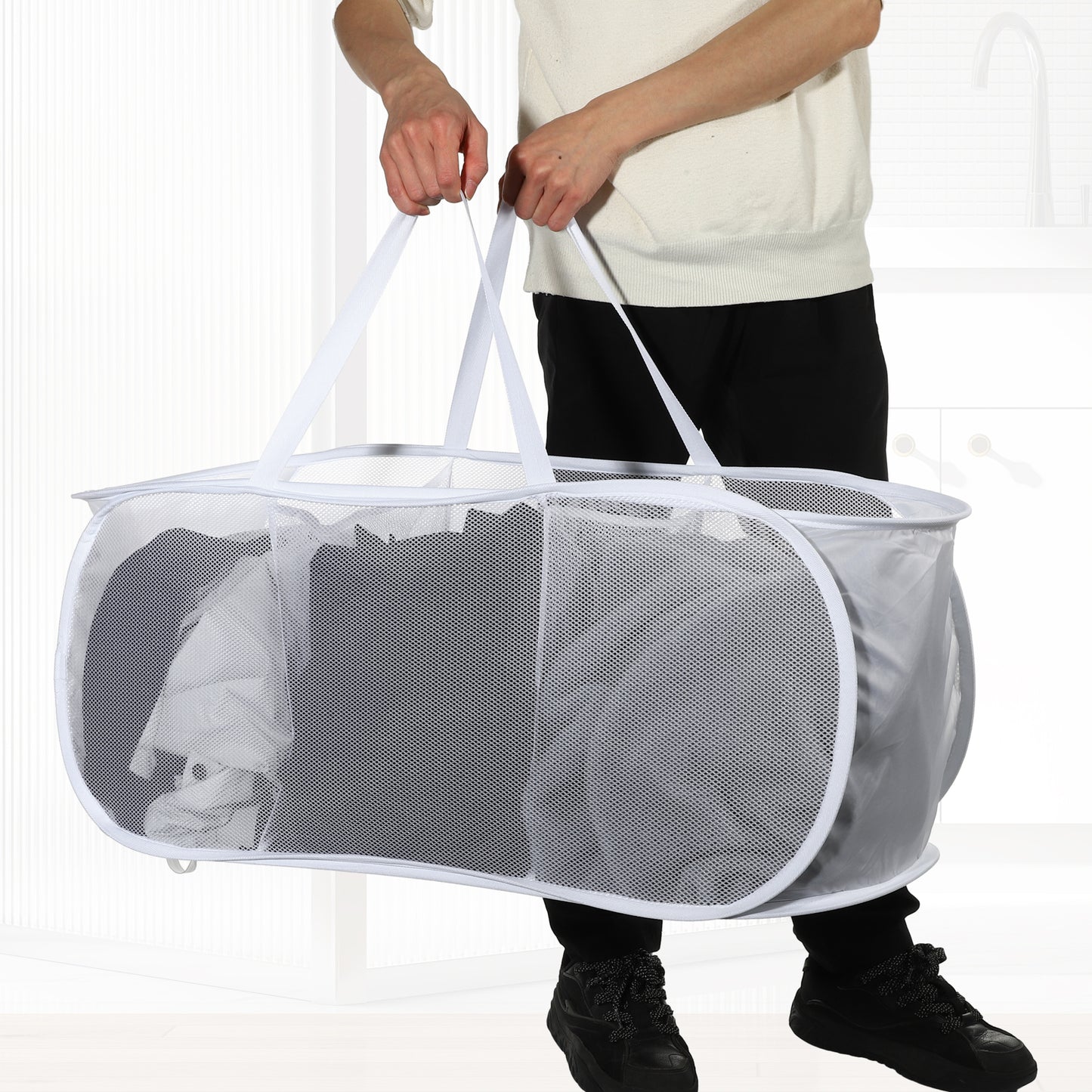 Folding Laundry Basket 3 Compartments Hamper Basket for Bathroom 100L White