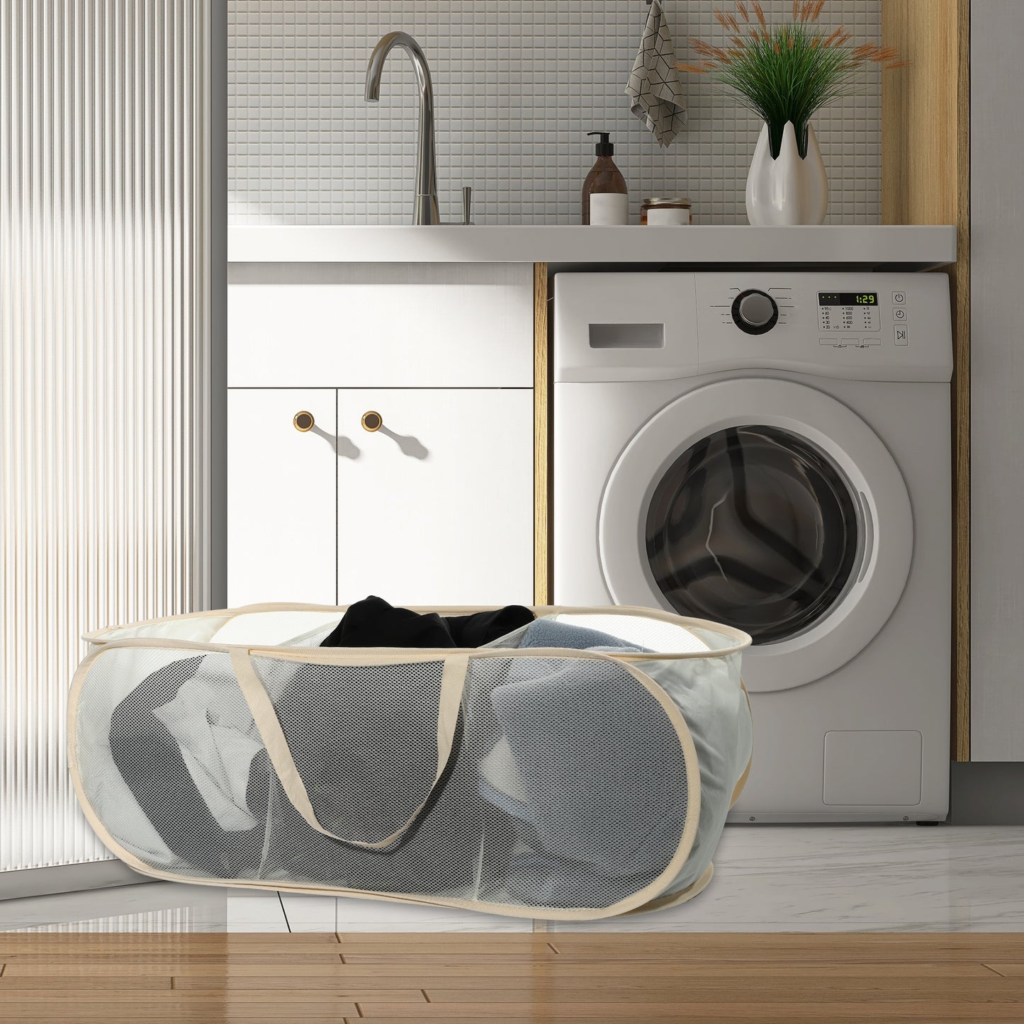 Folding Laundry Basket 3 Compartments Hamper Basket for Bathroom 100L Beige