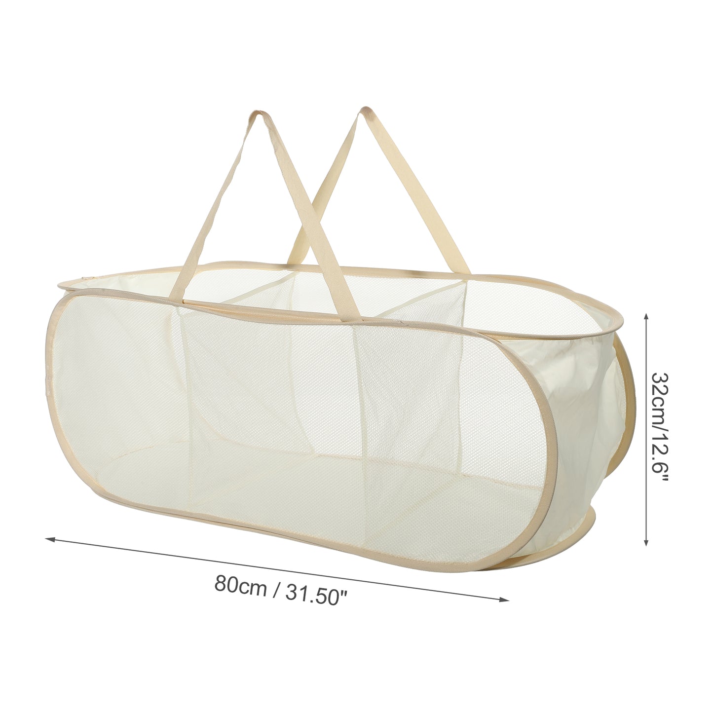 Folding Laundry Basket 3 Compartments Hamper Basket for Bathroom 100L Beige