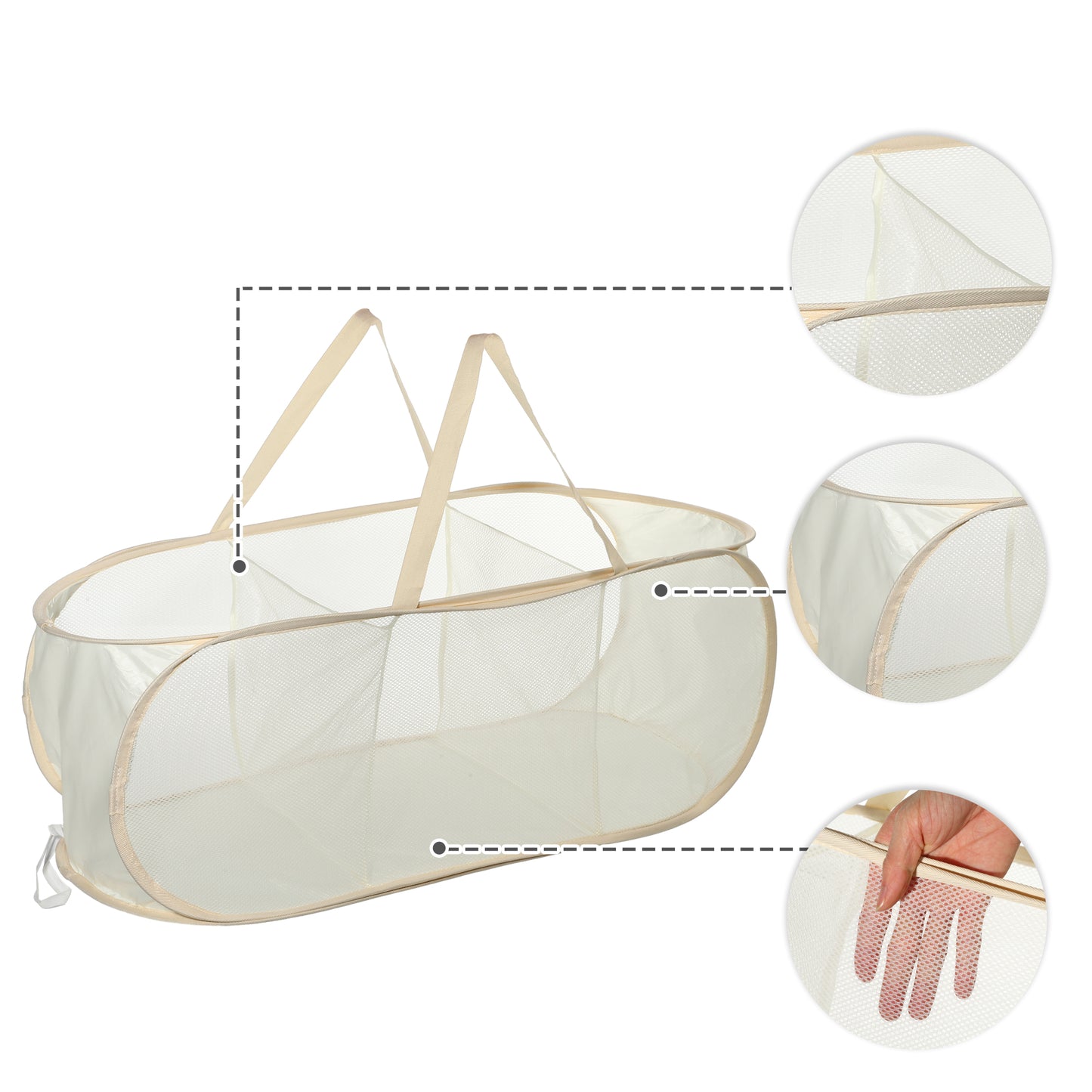Folding Laundry Basket 3 Compartments Hamper Basket for Bathroom 100L Beige