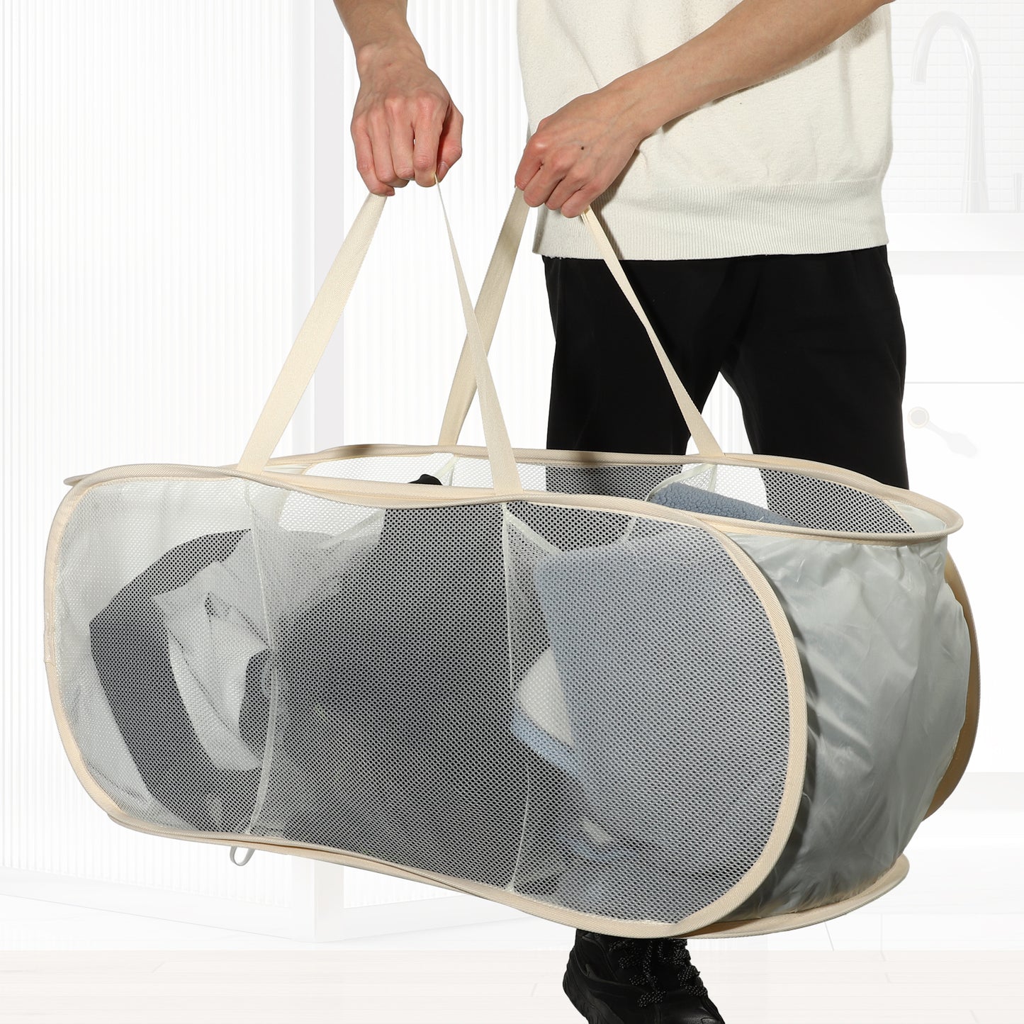 Folding Laundry Basket 3 Compartments Hamper Basket for Bathroom 100L Beige