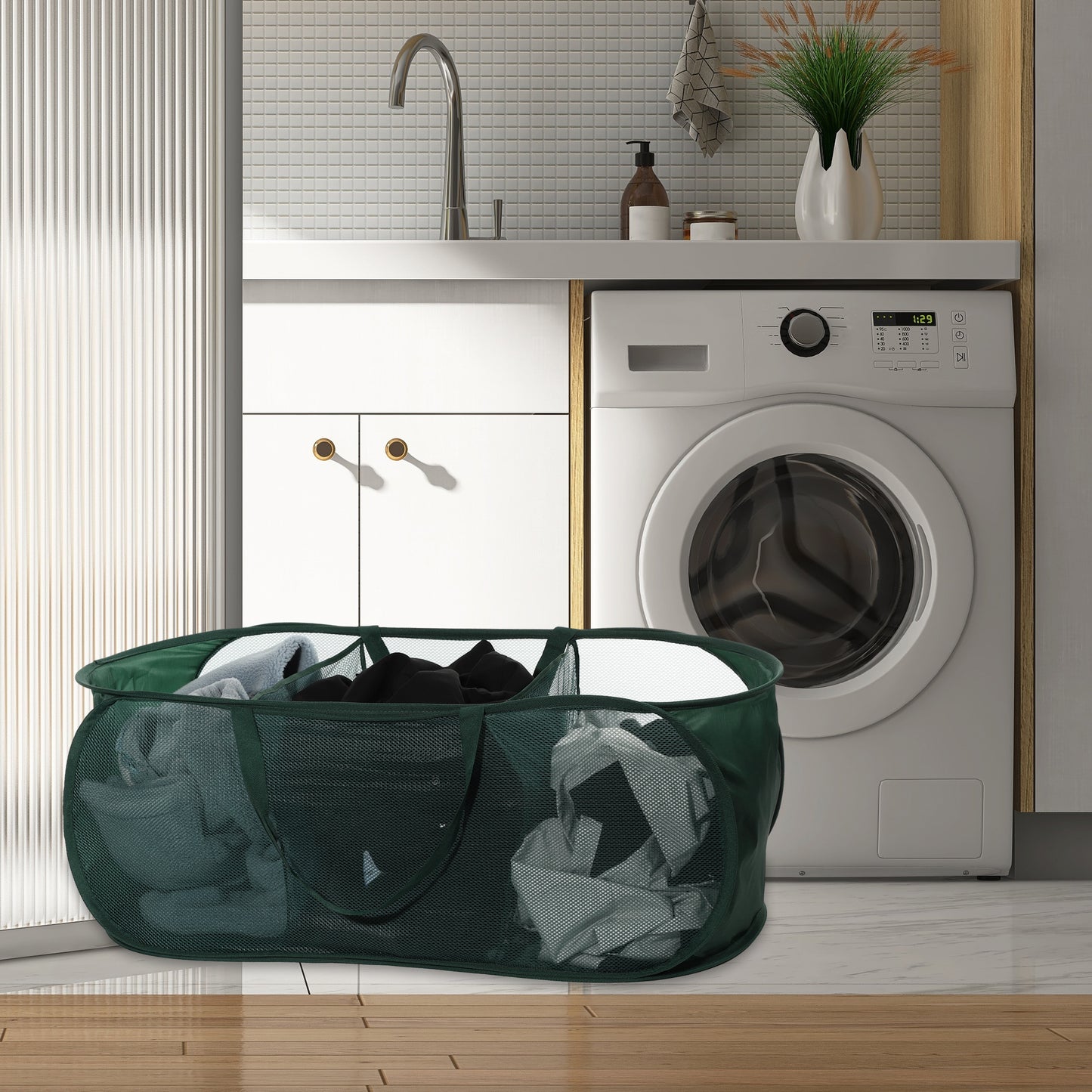 Folding Laundry Basket 3 Compartments Hamper Basket for Bathroom 100L Green
