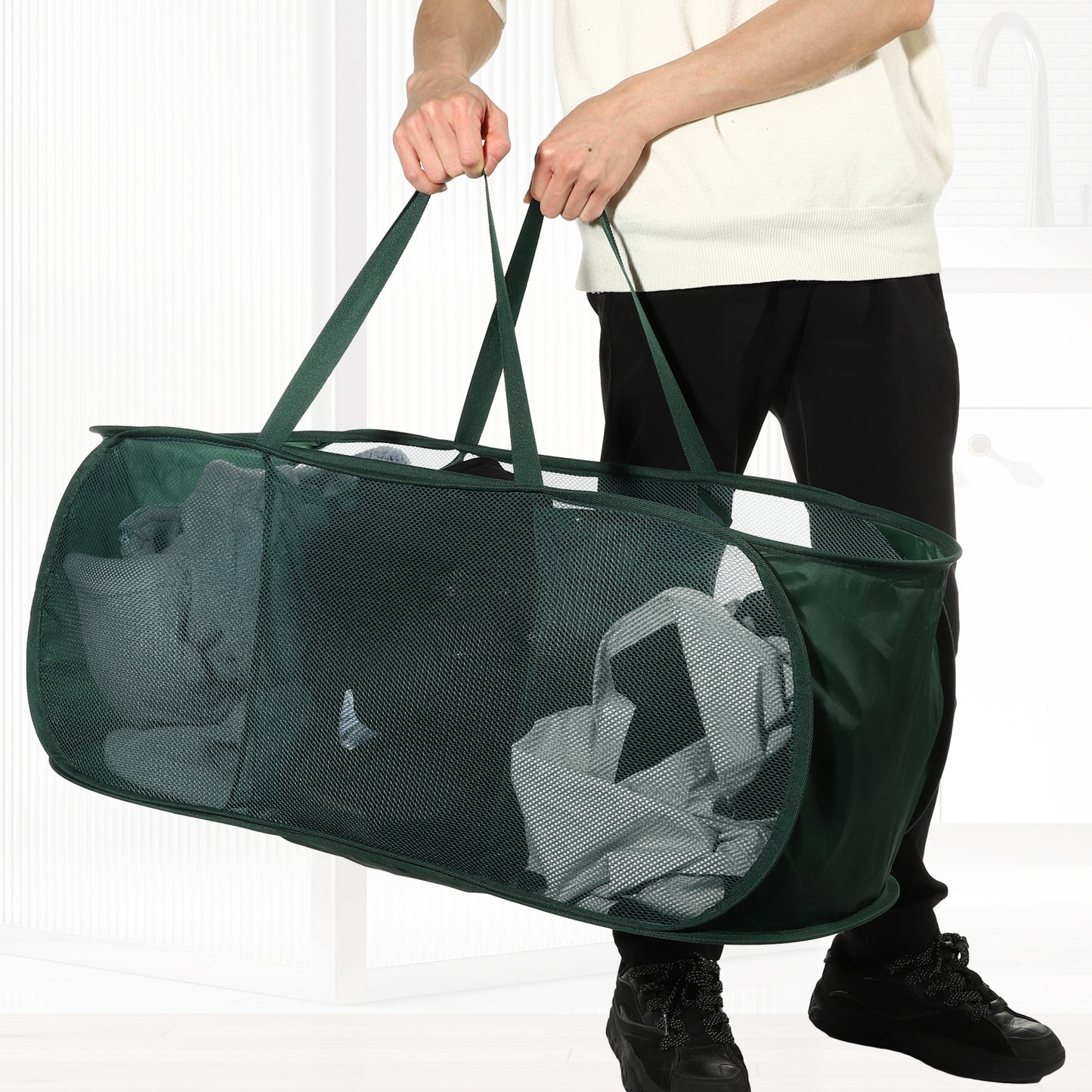 Folding Laundry Basket 3 Compartments Hamper Basket for Bathroom 100L Green