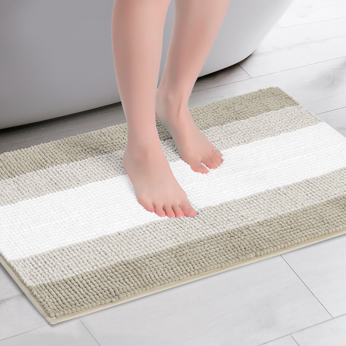Bathroom Rug, Extra Soft and Absorbent Chenille Bath Rug Fluffy Striped Chenille Bath Mats