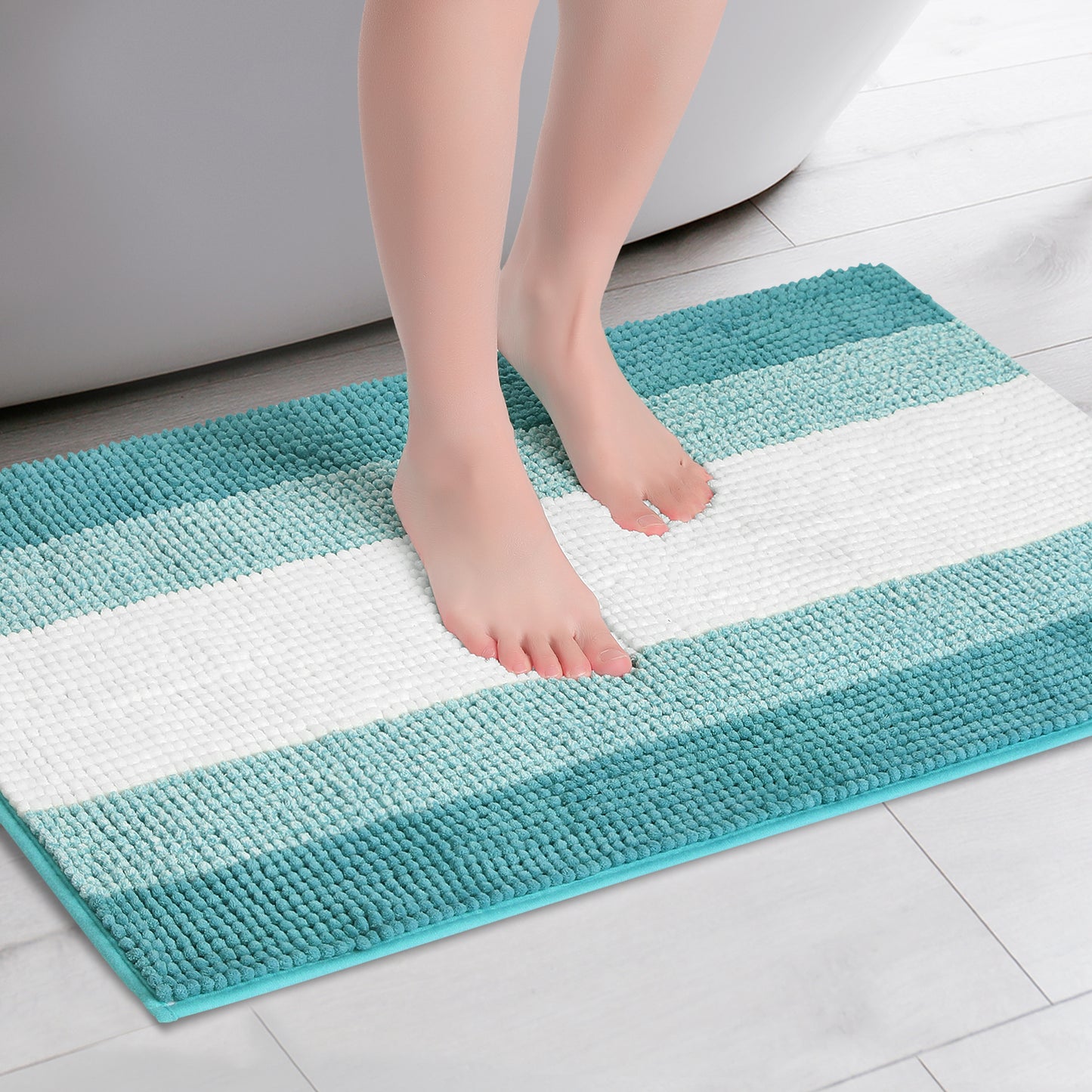 Bathroom Rug, Extra Soft and Absorbent Chenille Bath Rug Fluffy Striped Chenille Bath Mats