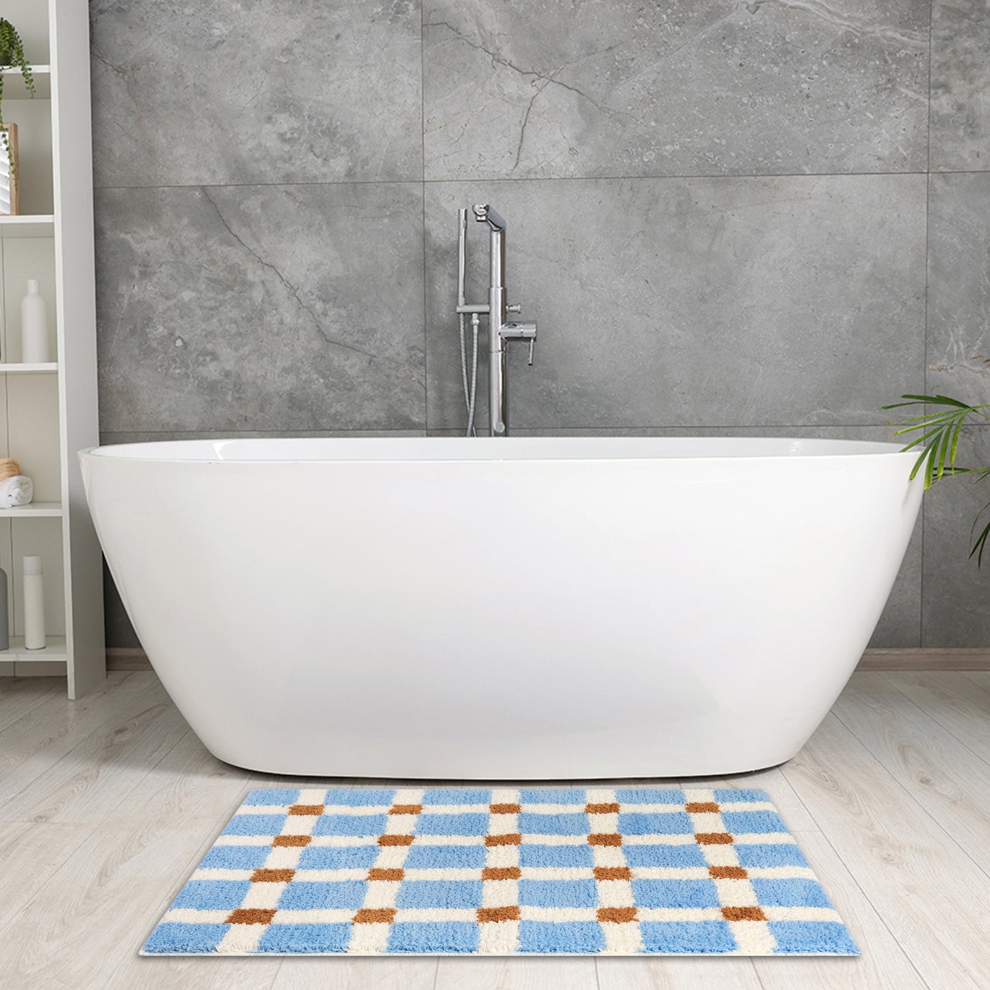 Checkered Non Slip Bath Mats, Soft Fluffy Absorbent Bathroom Rugs for Shower