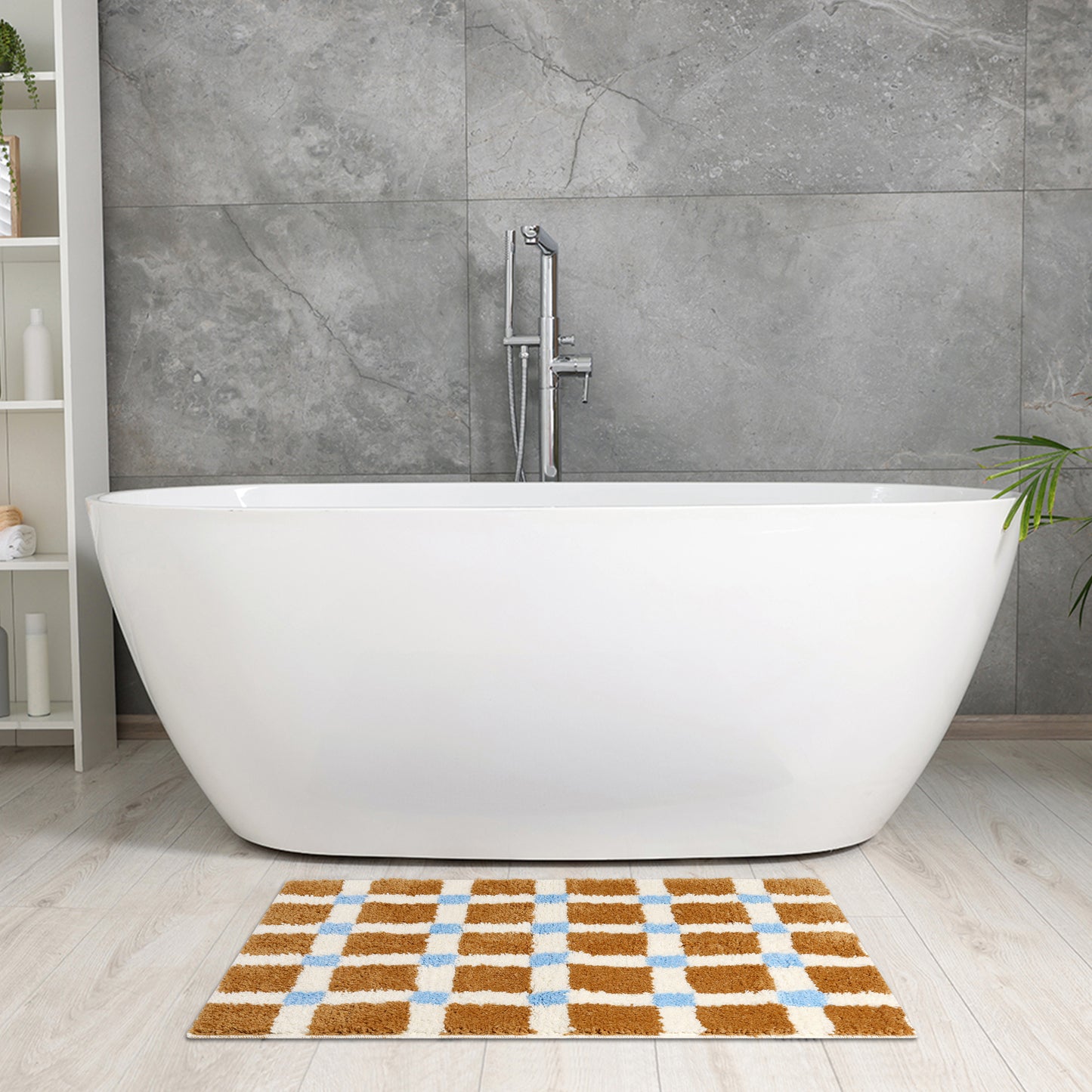 Checkered Non Slip Bath Mats, Soft Fluffy Absorbent Bathroom Rugs for Shower