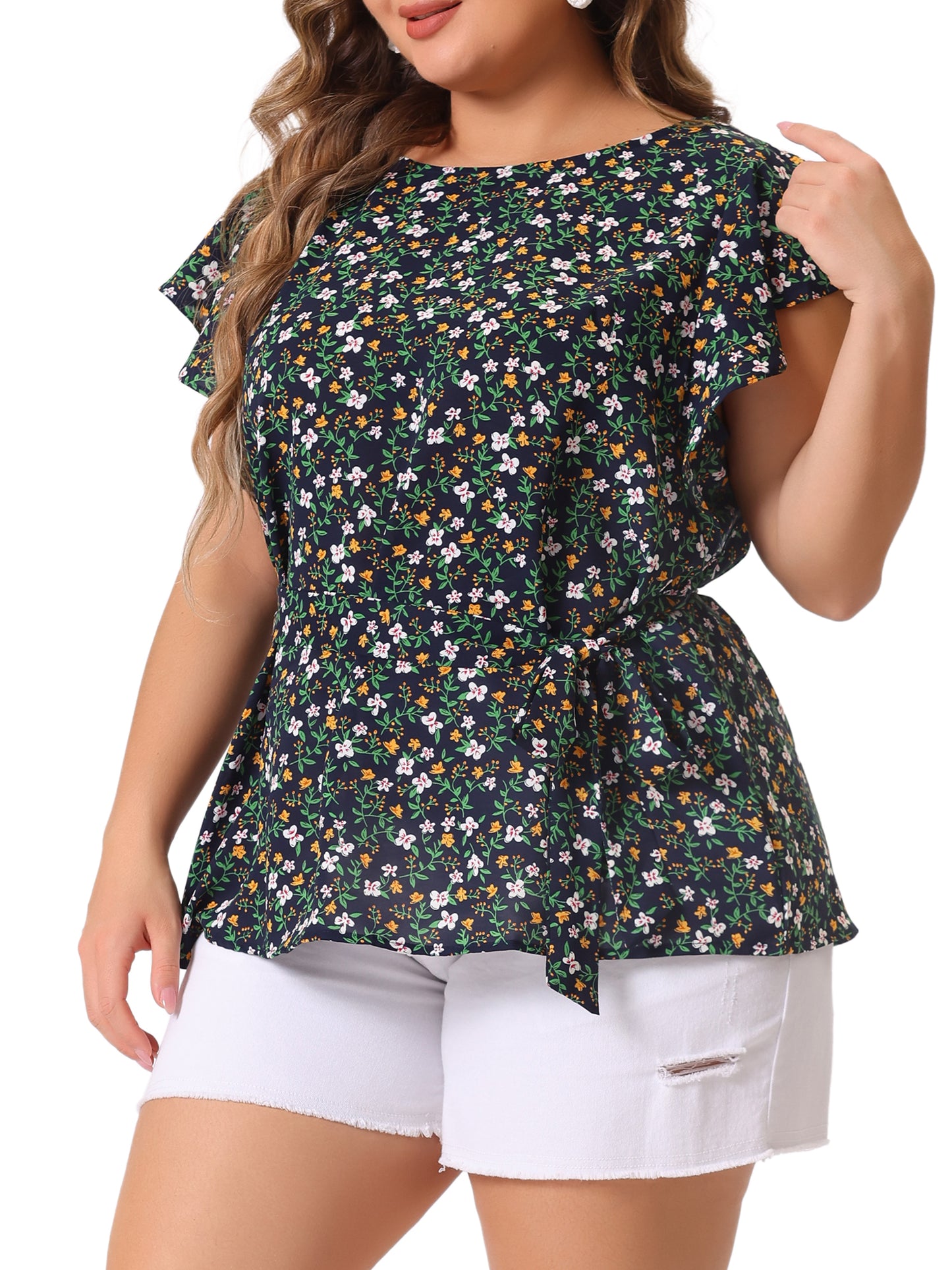 Women's Plus Size Summer Top Floral Tie Waist Short Sleeves Round Neck Blouse