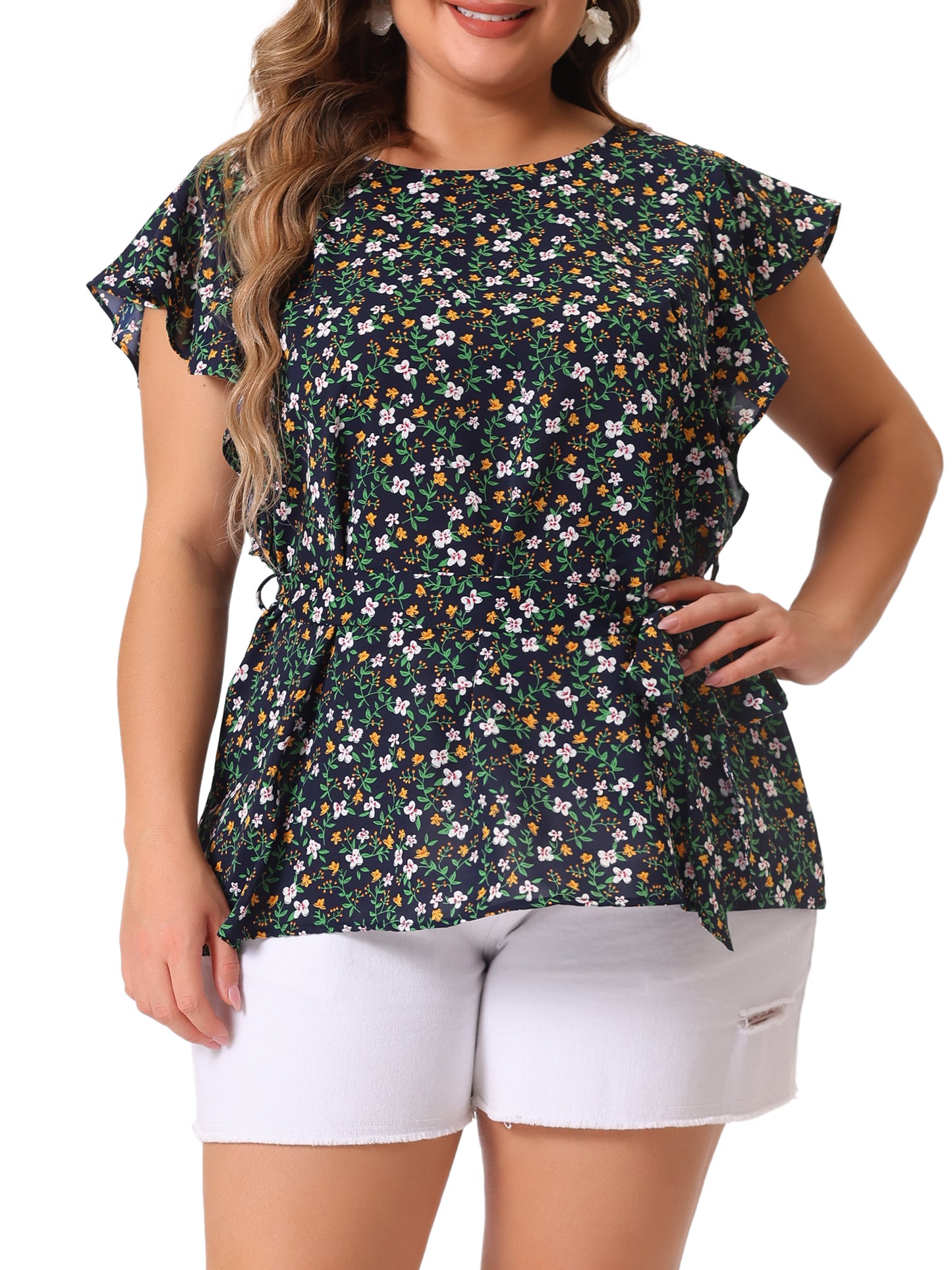 Women's Plus Size Summer Top Floral Tie Waist Short Sleeves Round Neck Blouse