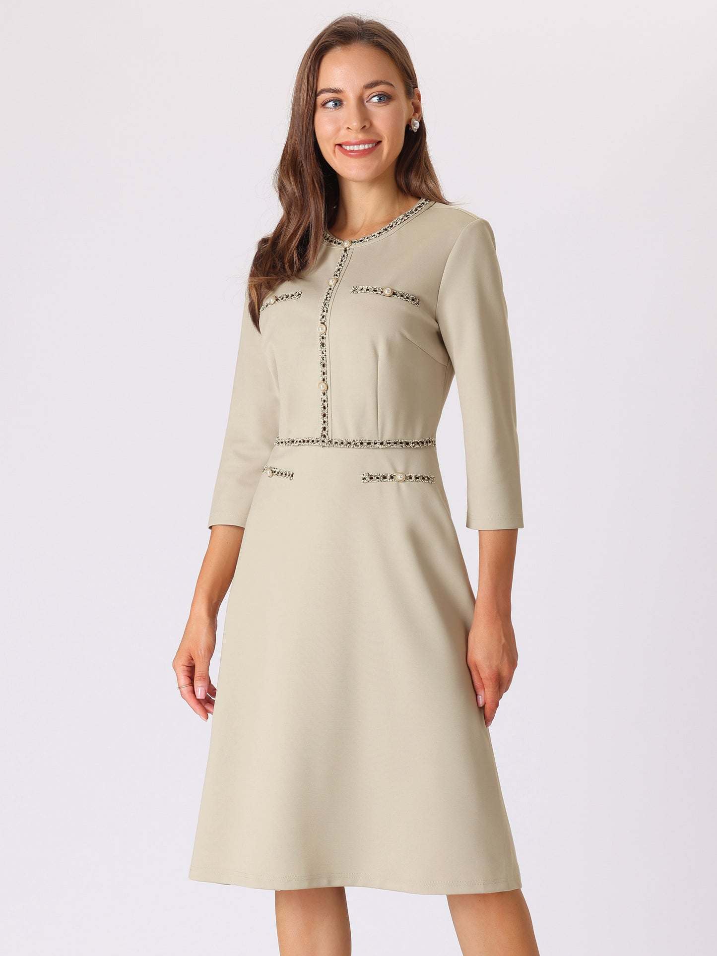 Women's 3/4 Sleeve Elegant A-Line Office Tweed Formal Dresses