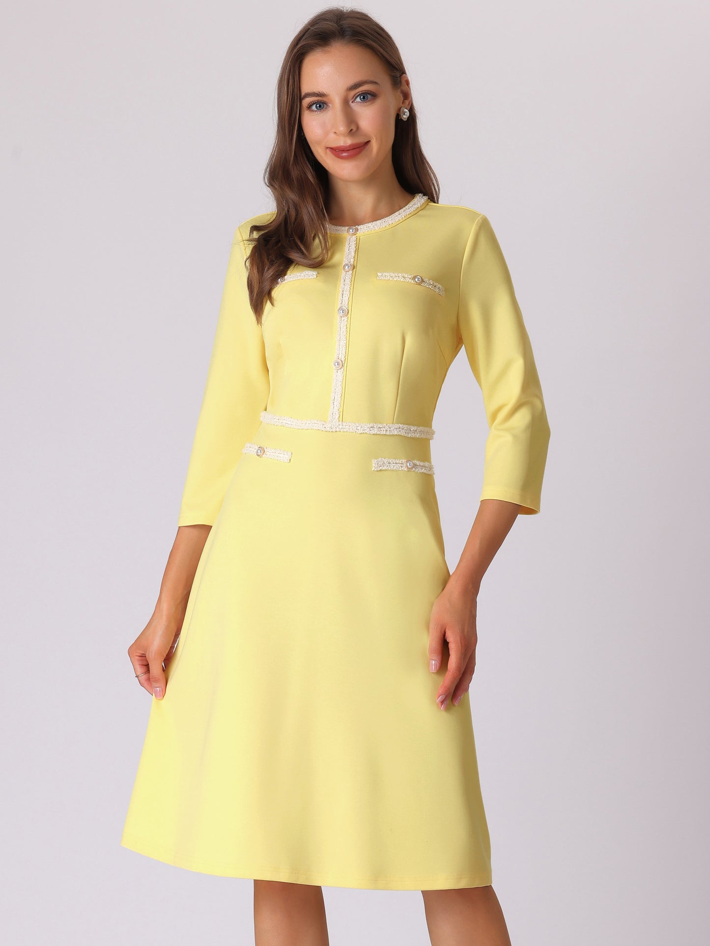 Women's 3/4 Sleeve Elegant A-Line Office Tweed Formal Dresses