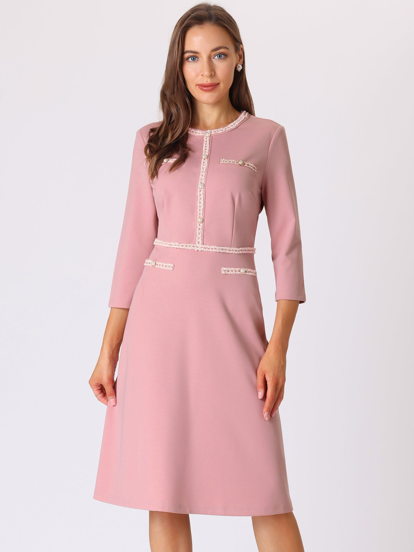 Women's 3/4 Sleeve Elegant A-Line Office Tweed Formal Dresses