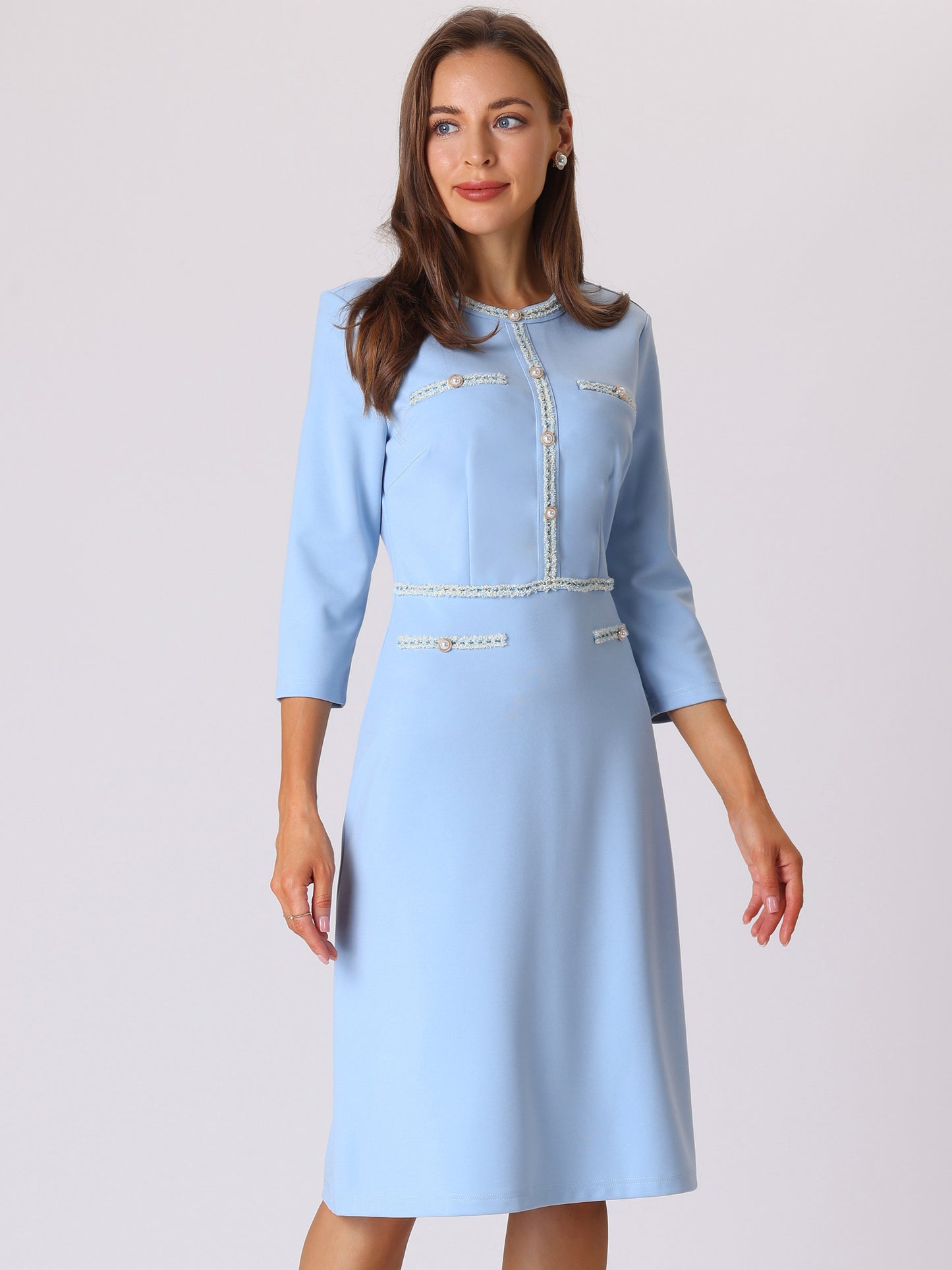 Women's 3/4 Sleeve Elegant A-Line Office Tweed Formal Dresses