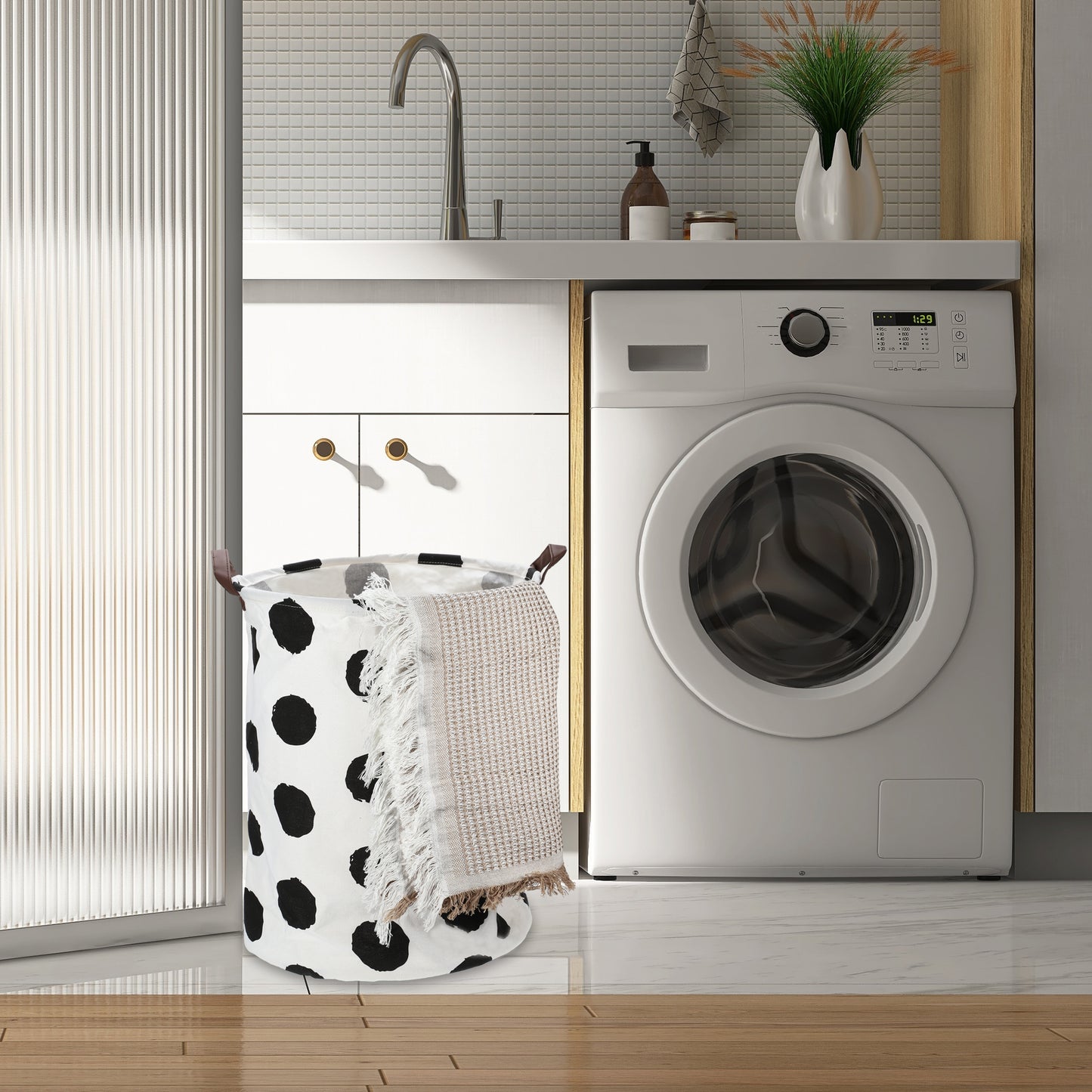 Foldable Cylindrical Laundry Basket for Laundry Room 19.69"x15.75" 60L Black Polka Dots