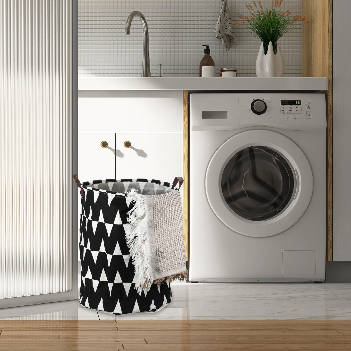 Foldable Cylindrical Laundry Basket for Laundry Room 19.69"x15.75" 60L Black White Triangle