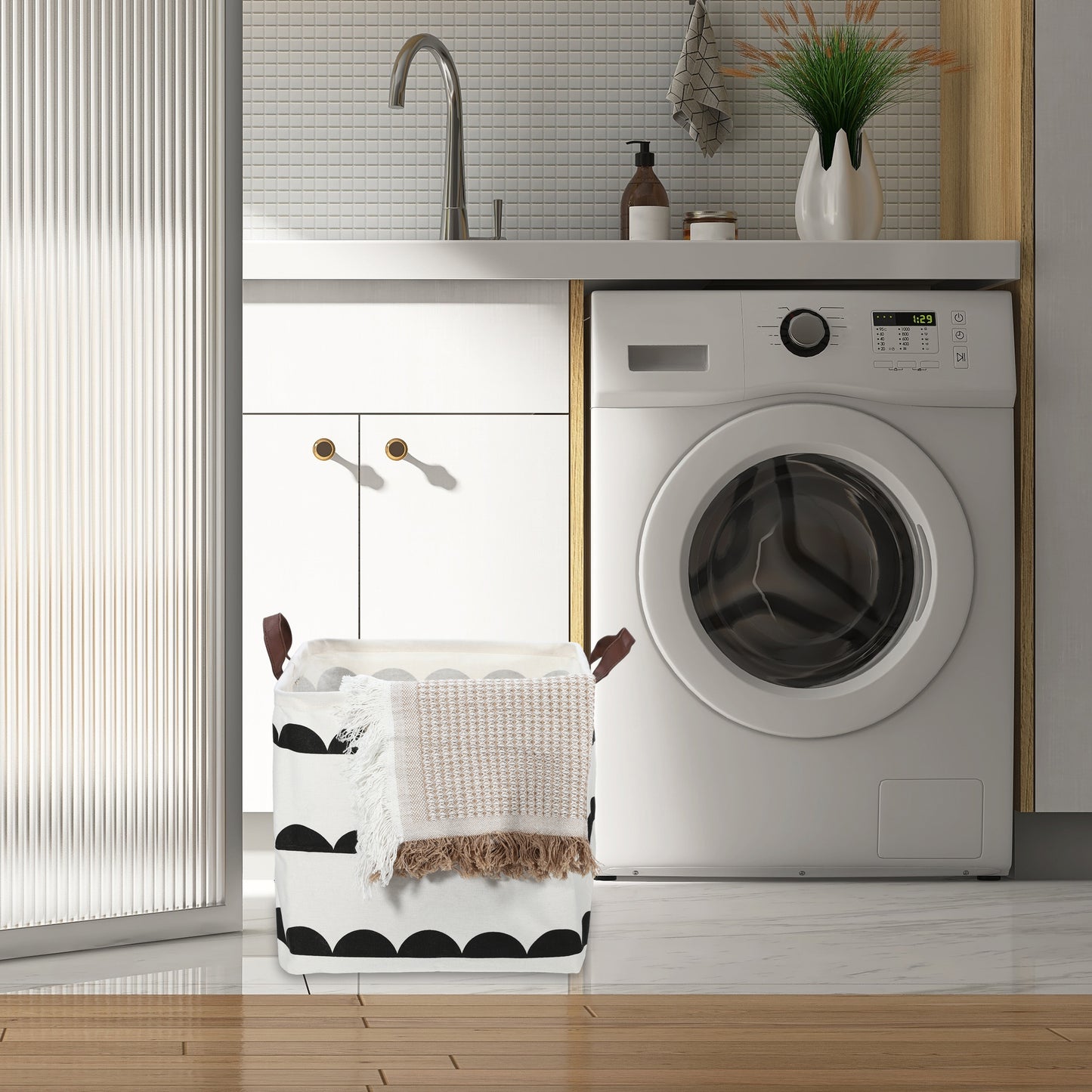 Foldable Square Laundry Basket for Laundry Room 12.60"x12.60"x12.60" 30L Black White Semicircle