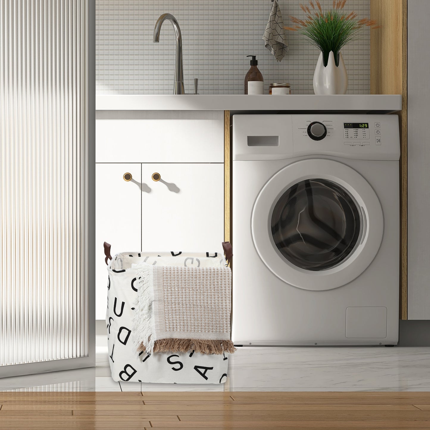 Foldable Square Laundry Basket for Laundry Room 12.60"x12.60"x12.60" 30L Black White Letter
